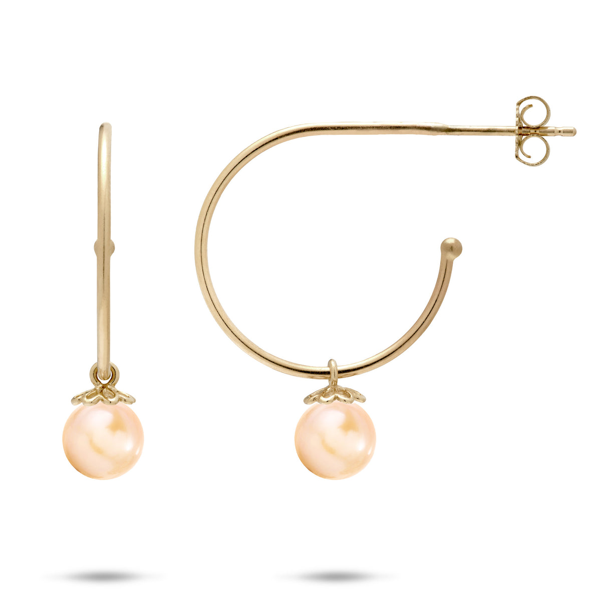 Pick A Pearl open Hoop Earrings in Gold with Peach Pearls dangling from cutout flower pearl caps on a white background