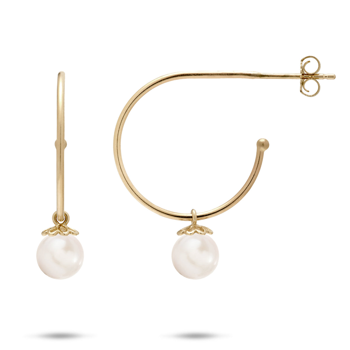 Pick A Pearl open Hoop Earrings in Gold with White Pearls dangling from cutout flower pearl caps on a white background
