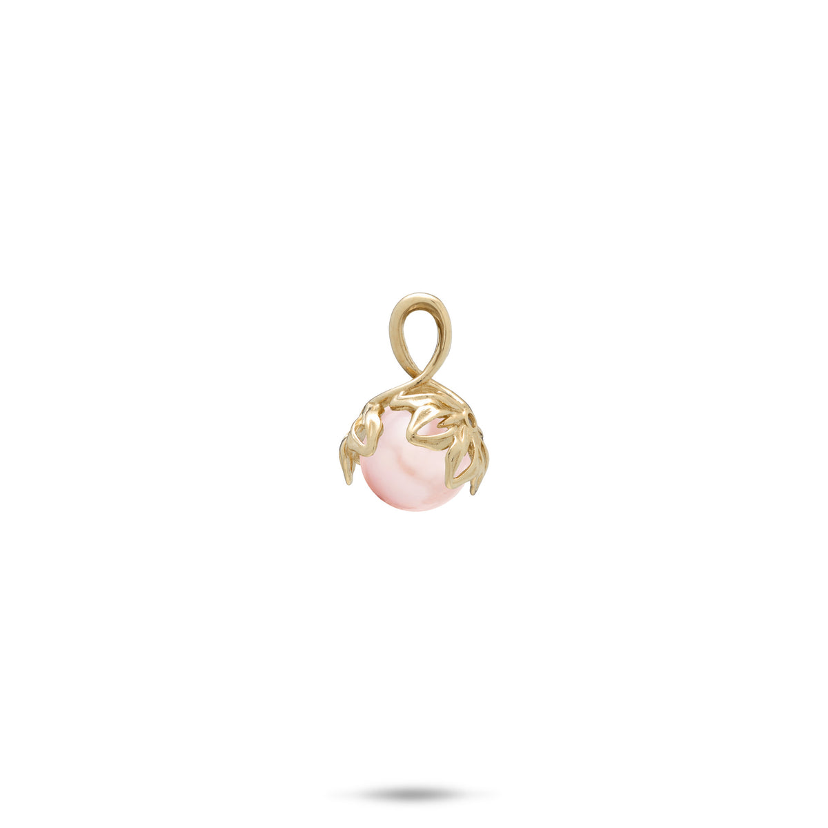Backside view of a a 14k yellow gold pendant cut-out naupaka flowers and a pink freshwater pearl at the center, shown on a white background