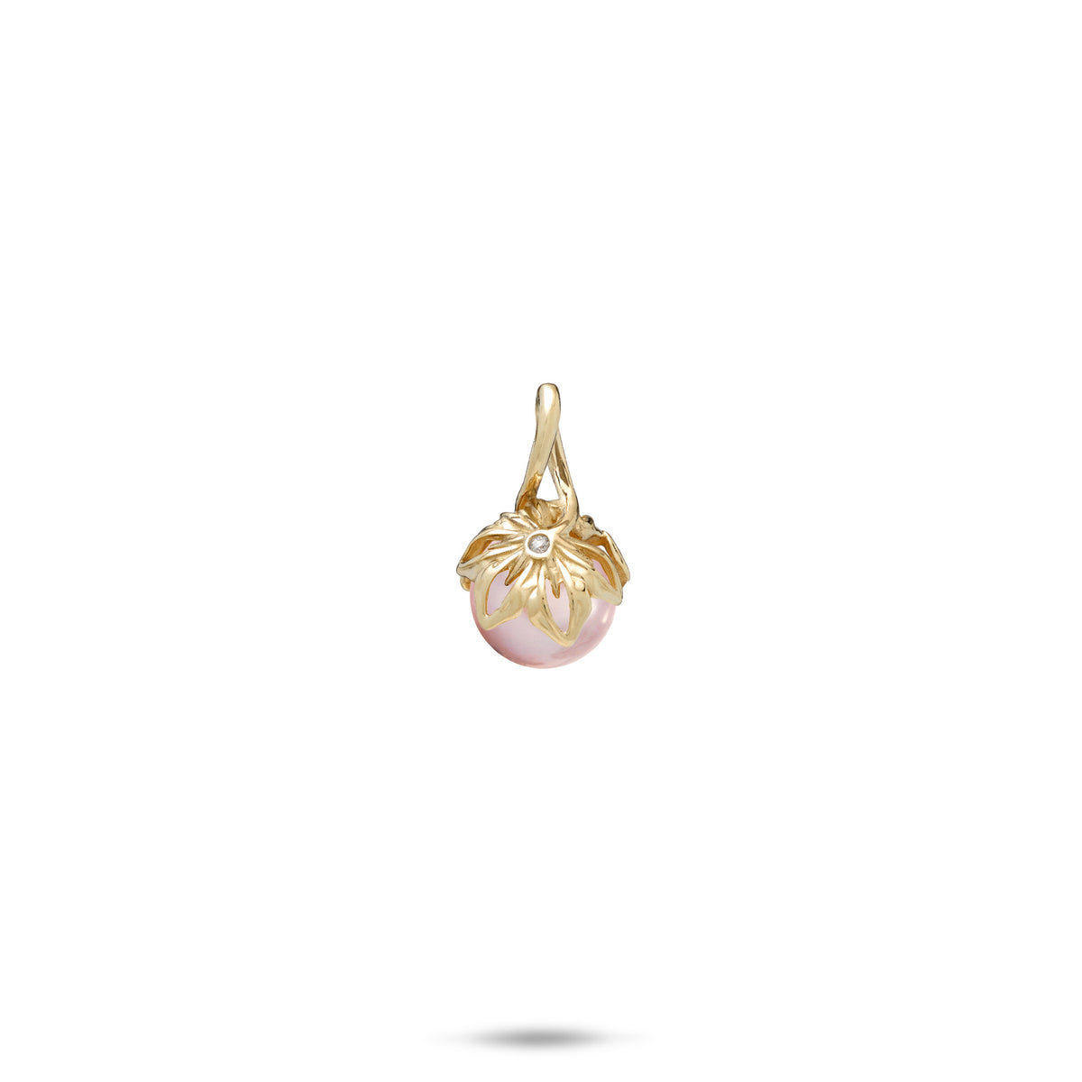A 14k yellow gold cut-out naupaka flower pendant with a diamond accent and lavender freshwater pearl, shown on a white background