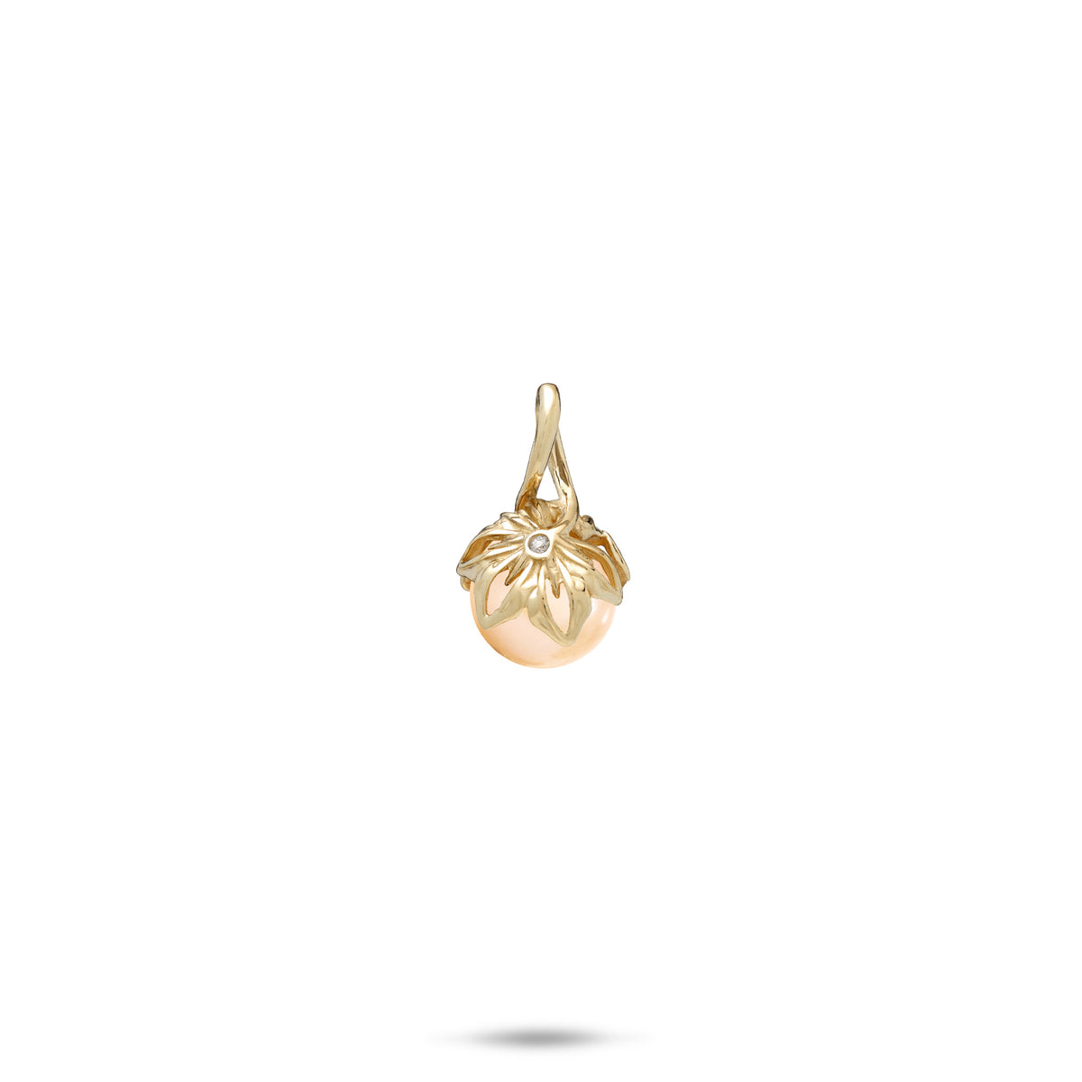 A 14k yellow gold cut-out naupaka flower pendant with a diamond accent and peach freshwater pearl, shown on a white background