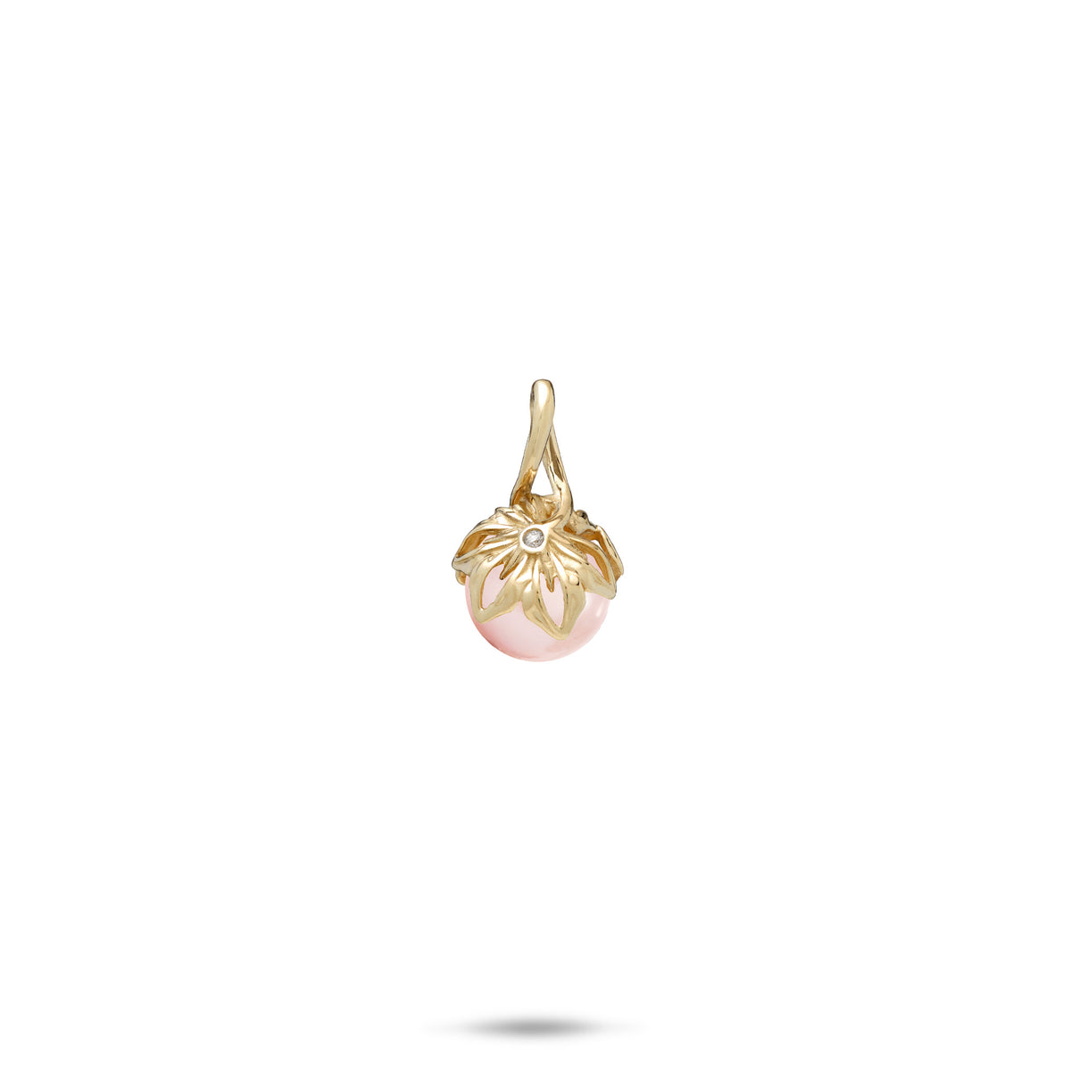 A 14k yellow gold cut-out naupaka flower pendant with a diamond accent and pink freshwater pearl, shown on a white background