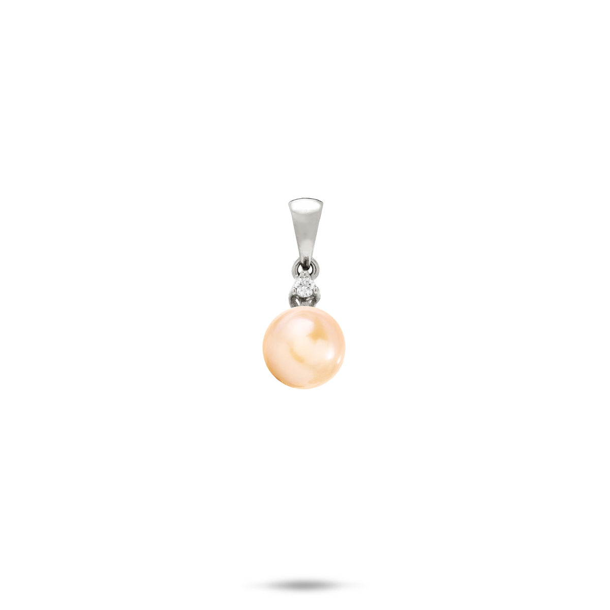 A simple 14k white gold peach freshwater pearl pendant with a high-polish bail and diamond set above the pearl, shown on a white background