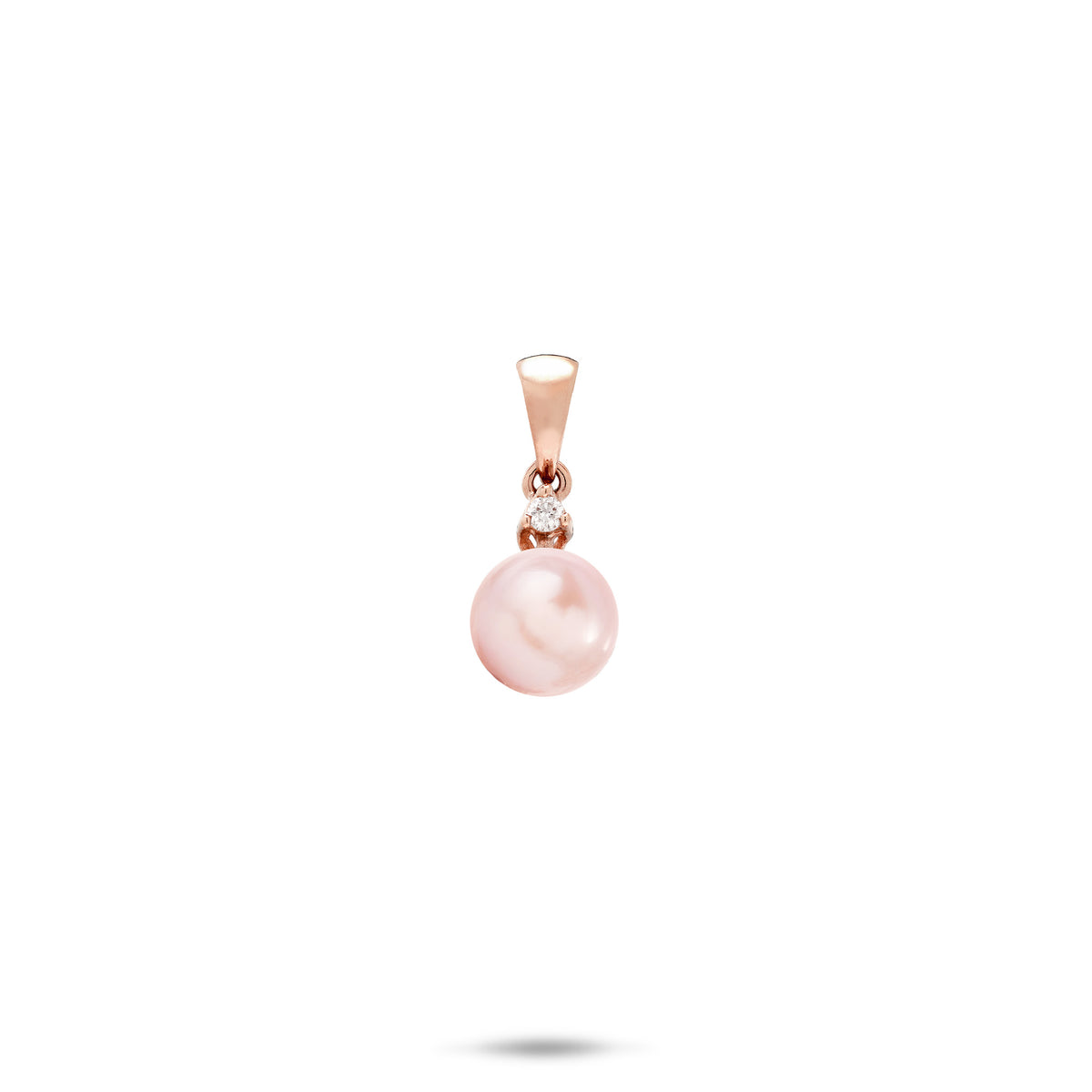 A simple 14k rose gold pendant  with a pink freshwater pearl and diamond above it and a high-polish bail, shown on a white background