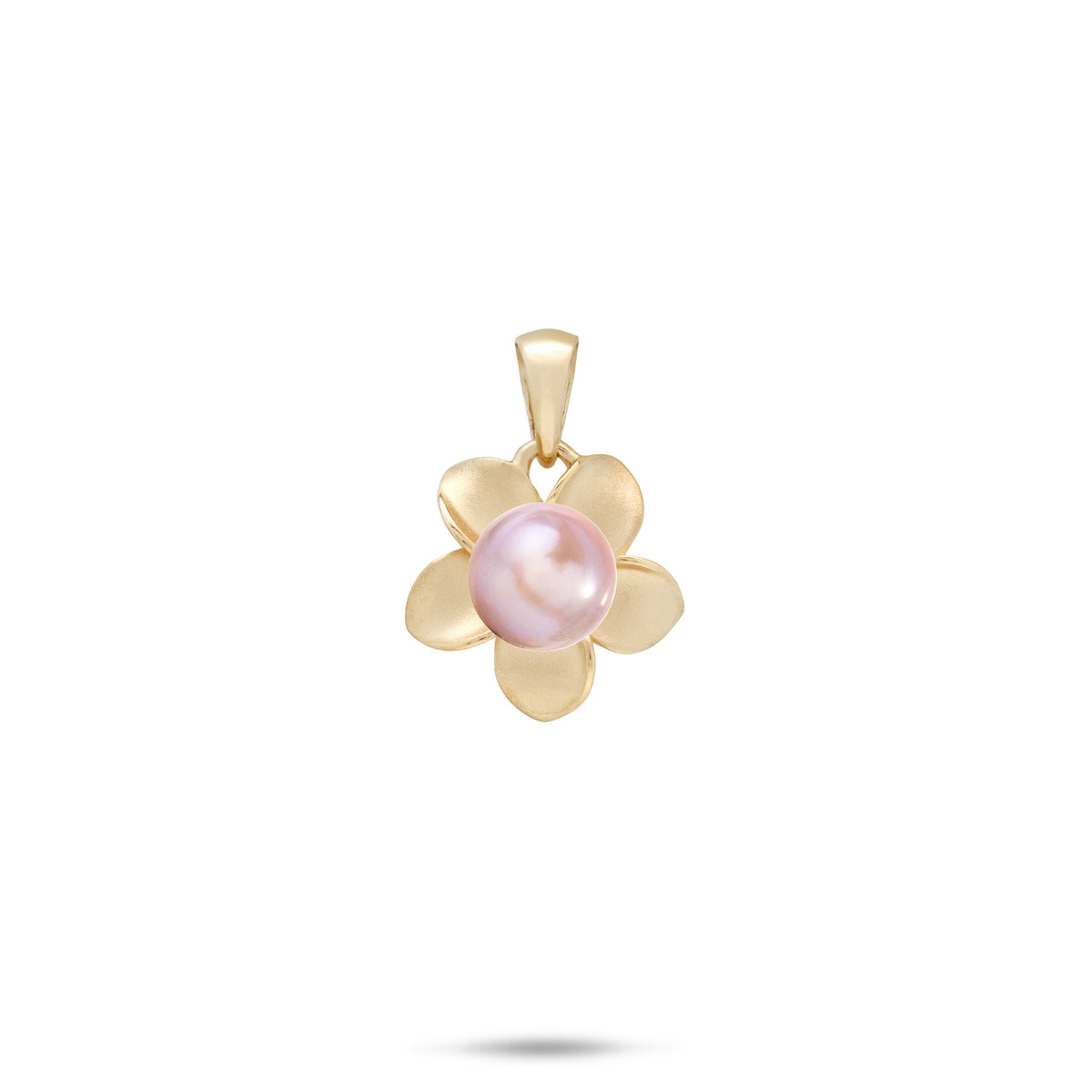 A 13mm Plumeria flower pendant in 14k yellow gold with a lavender freshwater pearl at the center, shown on a white background