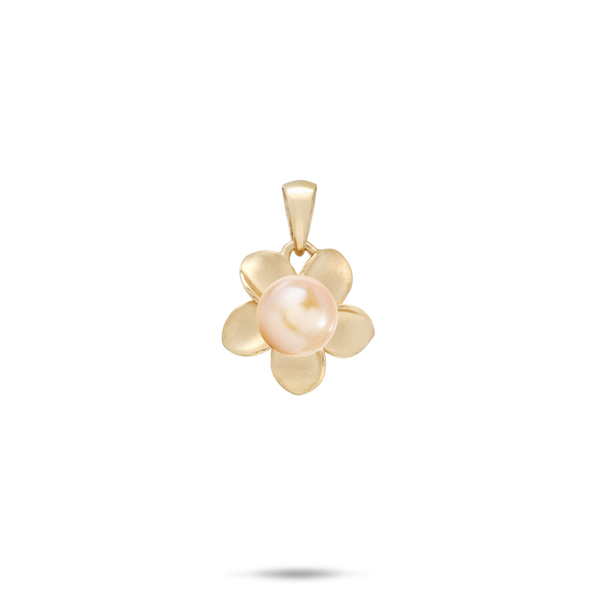 A 13mm Plumeria flower pendant in 14k yellow gold with a peach freshwater pearl at the center, shown on a white background