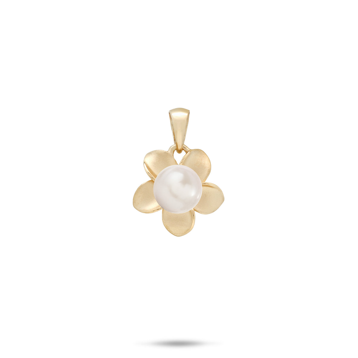 A 13mm Plumeria flower pendant in 14k yellow gold with a white freshwater pearl at the center, shown on a white background