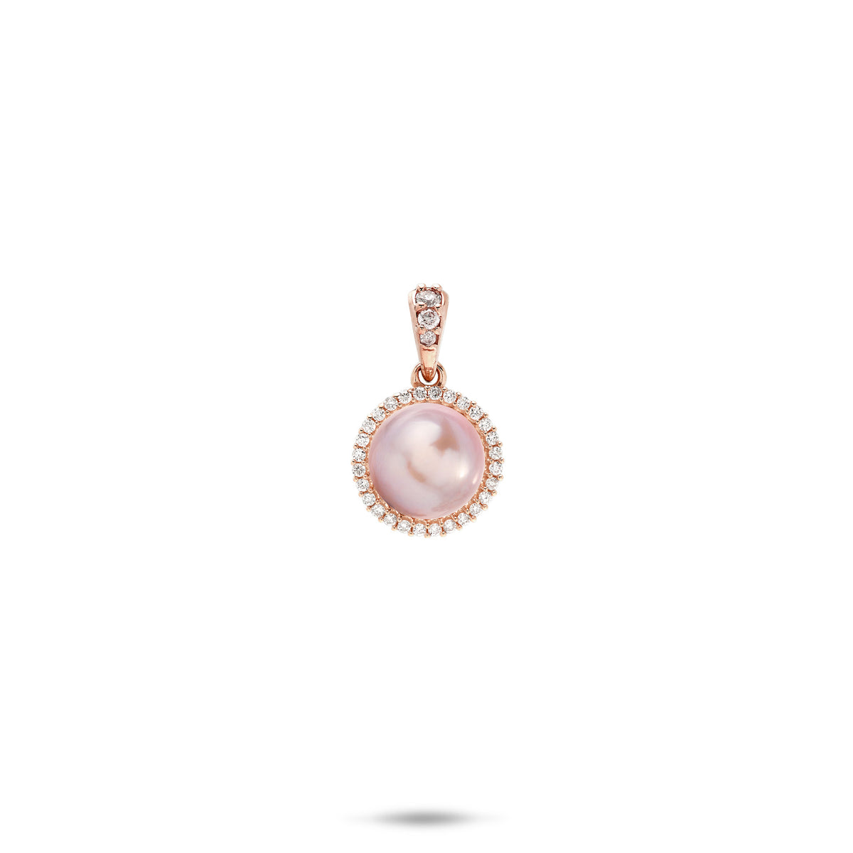 A 14k rose gold diamond halo pendant with a lavender freshwater pearl and diamond high-polish bail shown on a white background