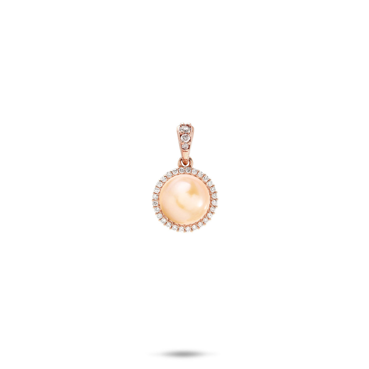 A 14k rose gold diamond halo pendant with a peach freshwater pearl and diamond high-polish bail shown on a white background