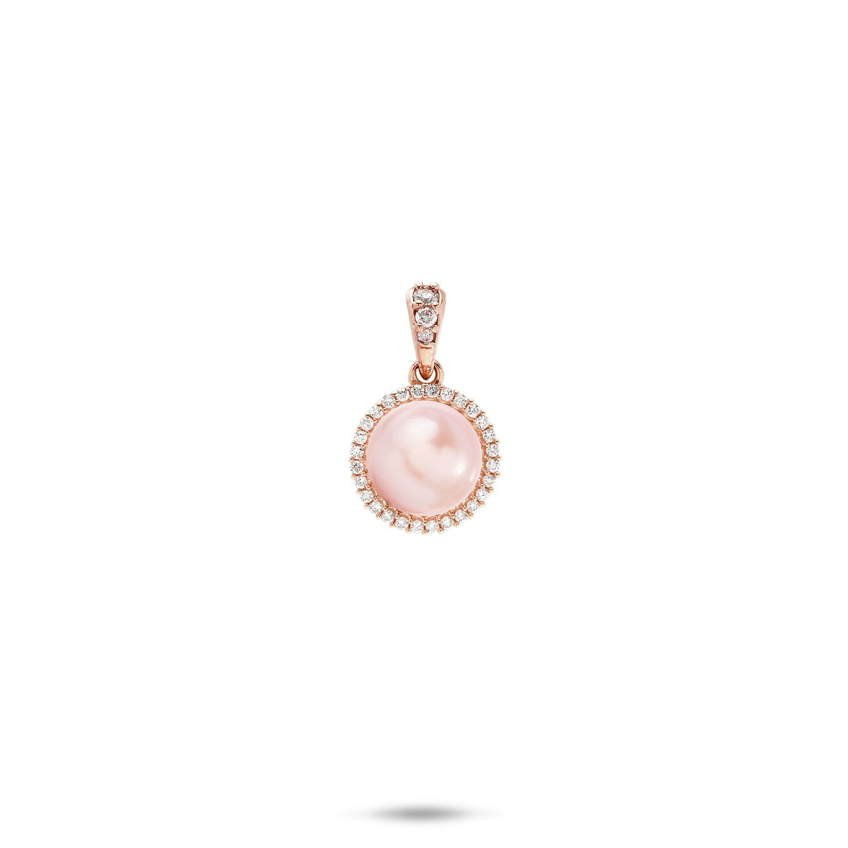 A 14k rose gold diamond halo pendant with a pink freshwater pearl and diamond high-polish bail shown on a white background