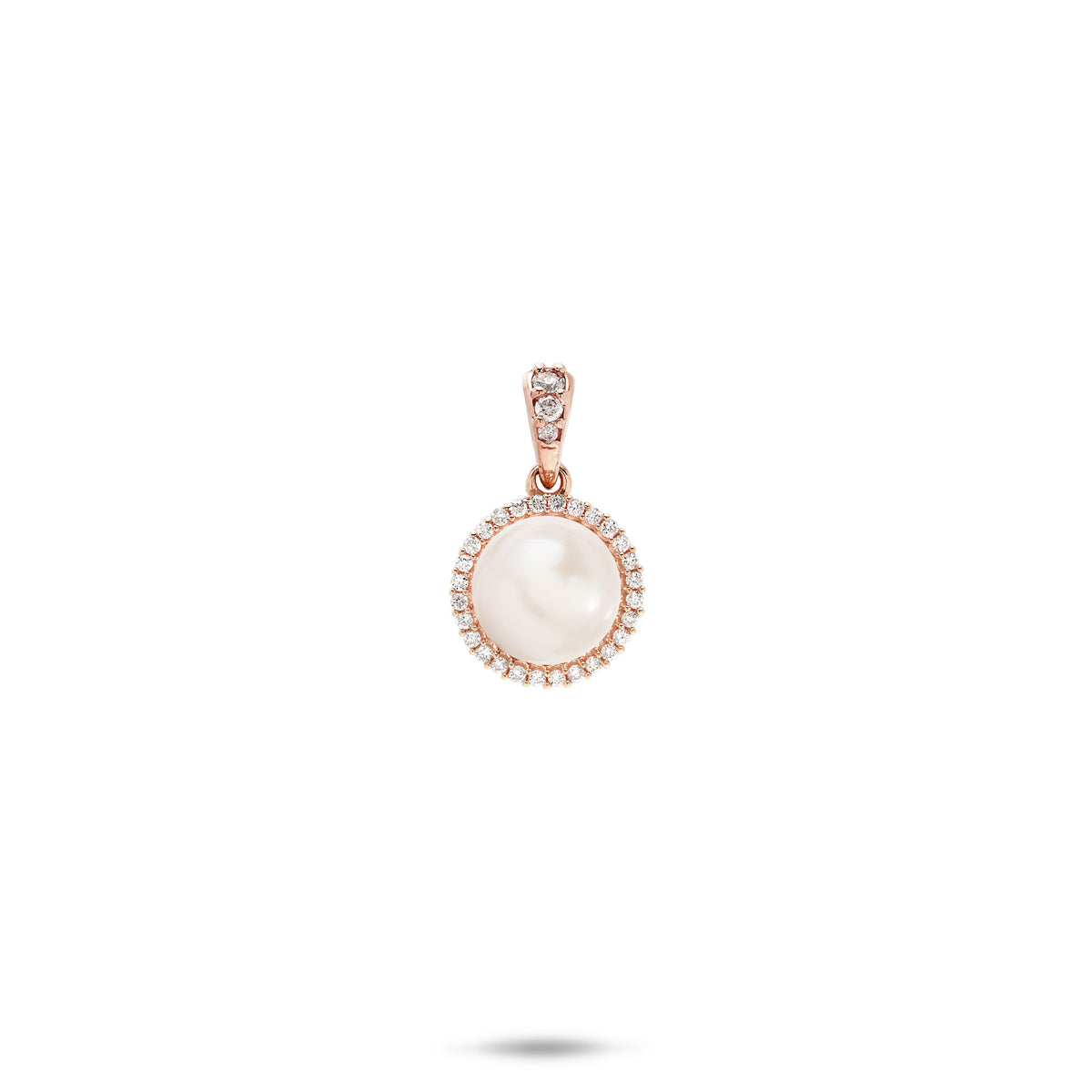 A 14k rose gold diamond halo pendant with a white freshwater pearl and diamond high-polish bail shown on a white background