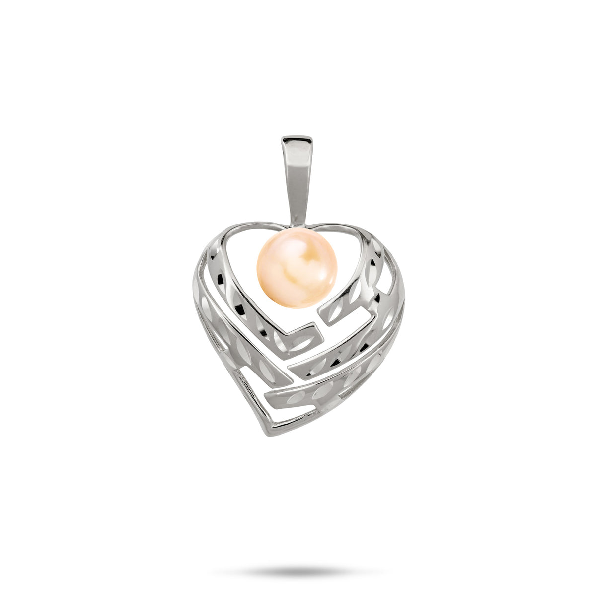 A 14k white gold diamond-cut heart pendant with cut-out letters and a peach freshwater pearl that spell 'Aloha', shown on a white background