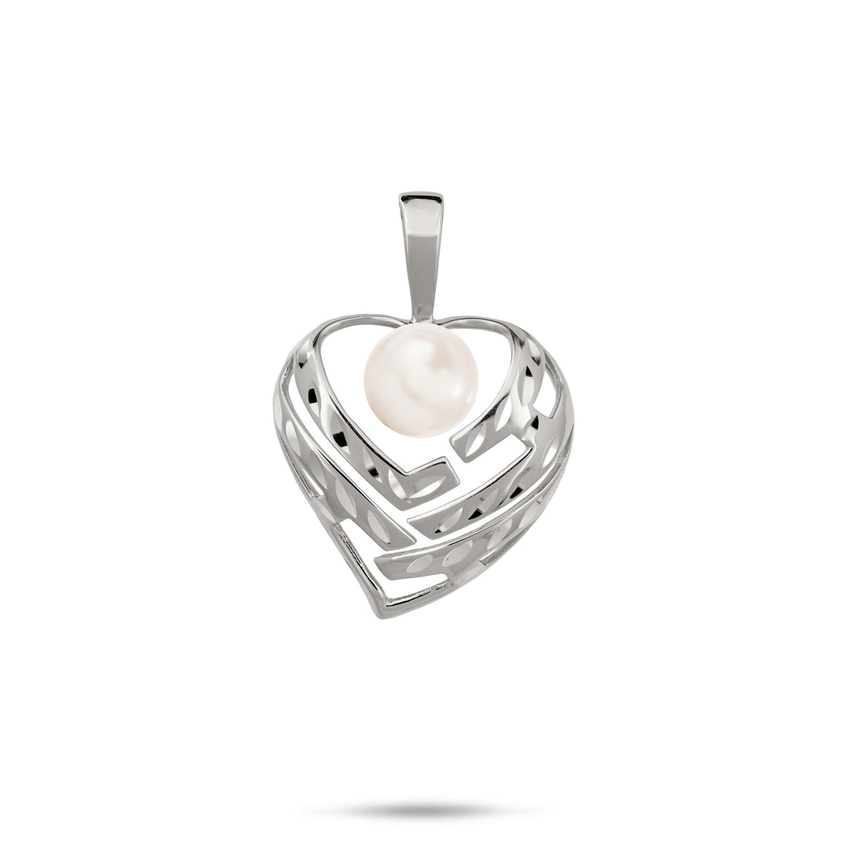 A 14k white gold diamond-cut heart pendant with cut-out letters and a white freshwater pearl that spell 'Aloha', shown on a white background