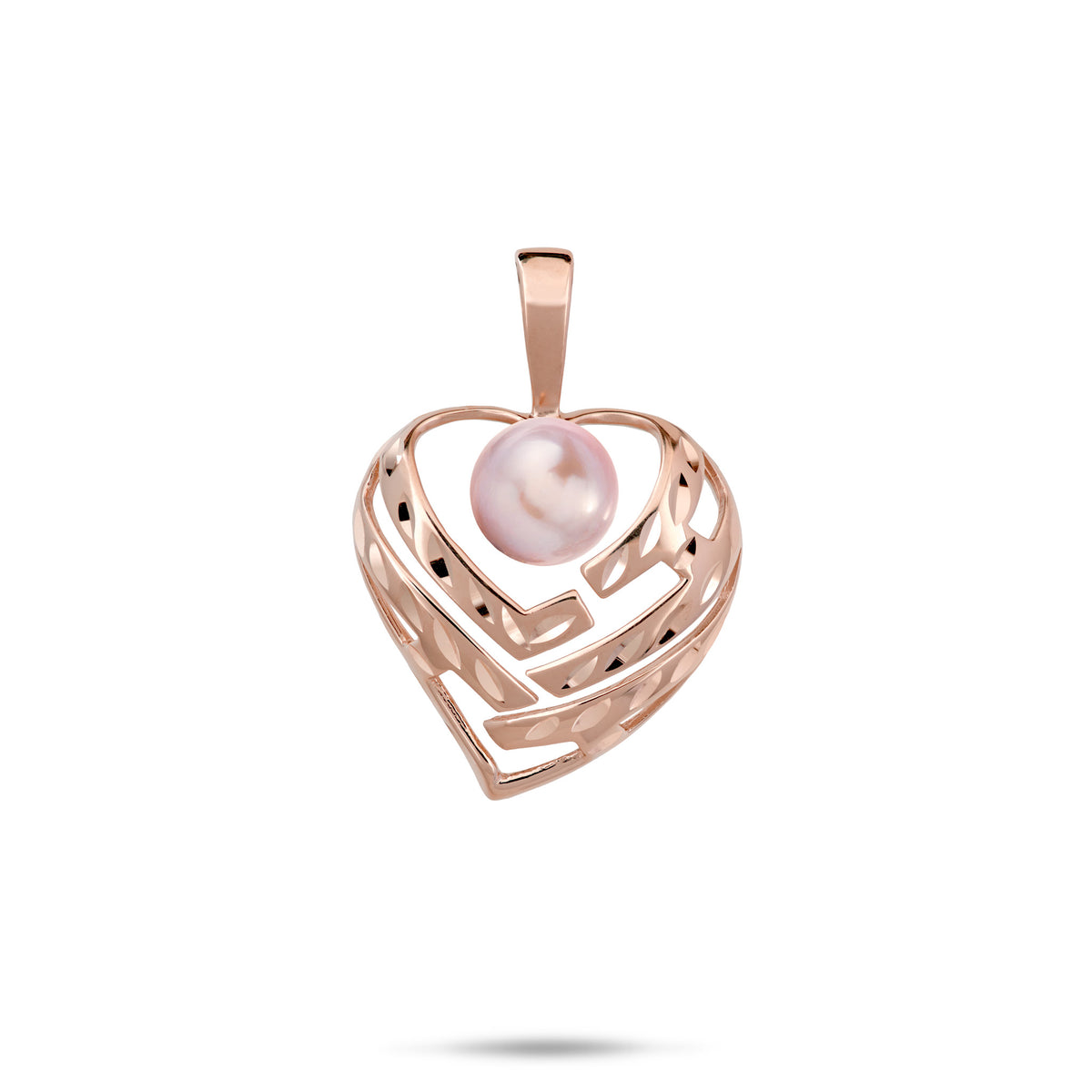 A 14k rose gold diamond-cut heart pendant with cut-out letters and a lavender freshwater pearl that spell 'Aloha', shown on a white background