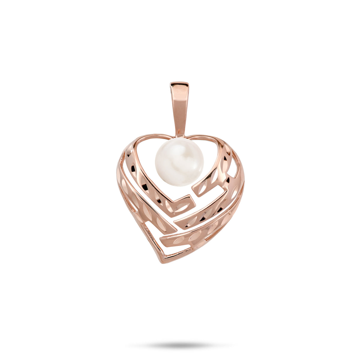 A 14k rose gold diamond-cut heart pendant with cut-out letters and a white freshwater pearl that spell 'Aloha', shown on a white background