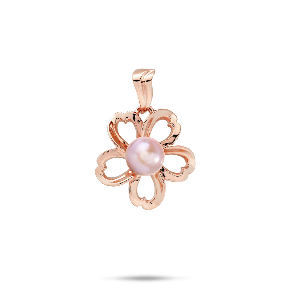An 18mm high-polish 14k rose gold plumeria flower-shaped pendant with cut-out heart shape metals featuring a central lavender freshwater pearl, shown against a plain white background with a soft shadow underneath