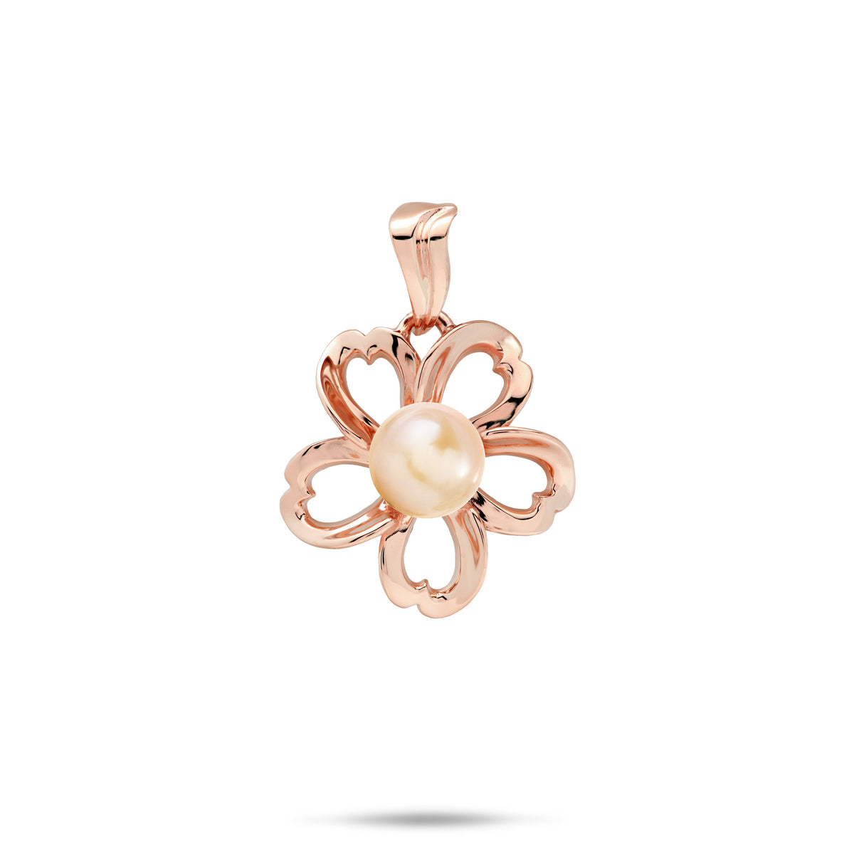 An 18mm high-polish 14k rose gold plumeria flower-shaped pendant with cut-out heart shape metals featuring a central peach freshwater pearl, shown against a plain white background with a soft shadow underneath
