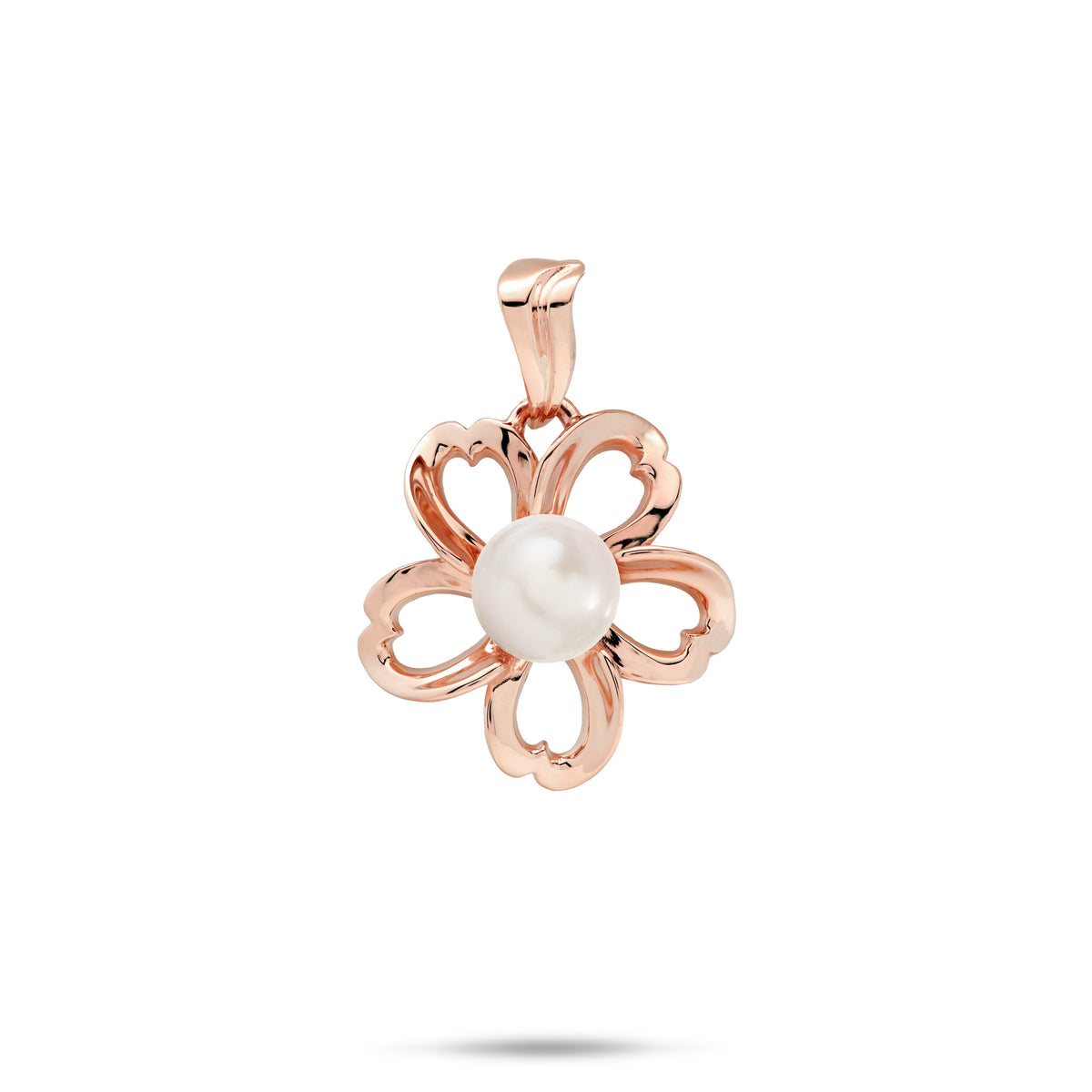 An 18mm high-polish 14k rose gold plumeria flower-shaped pendant with cut-out heart shape metals featuring a central white freshwater pearl, shown against a plain white background with a soft shadow underneath