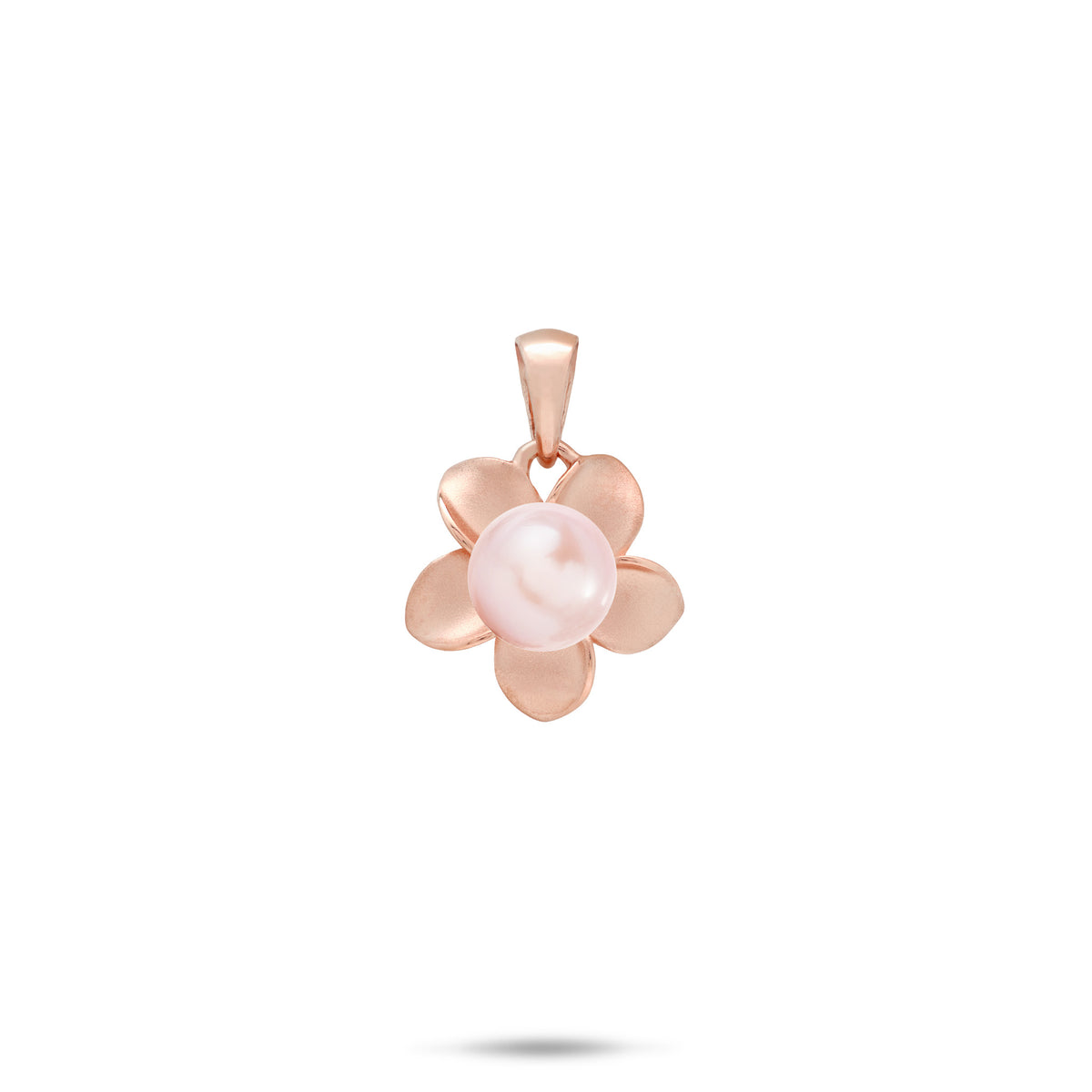 A 13mm 14k rose gold plumeria flower-shaped pendant featuring a central pink freshwater pearl, shown against a plain white background with a soft shadow underneath.