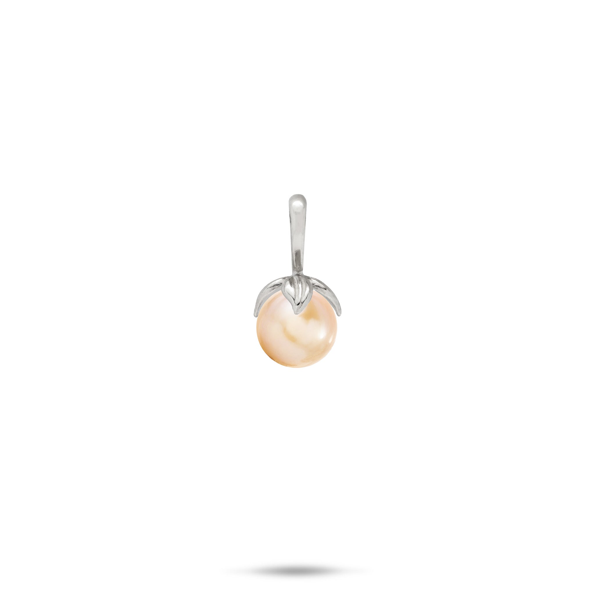 14k White Gold Pendant with a high-polish bail and maile leaves wrapping a peach freshwater pearl on a white background