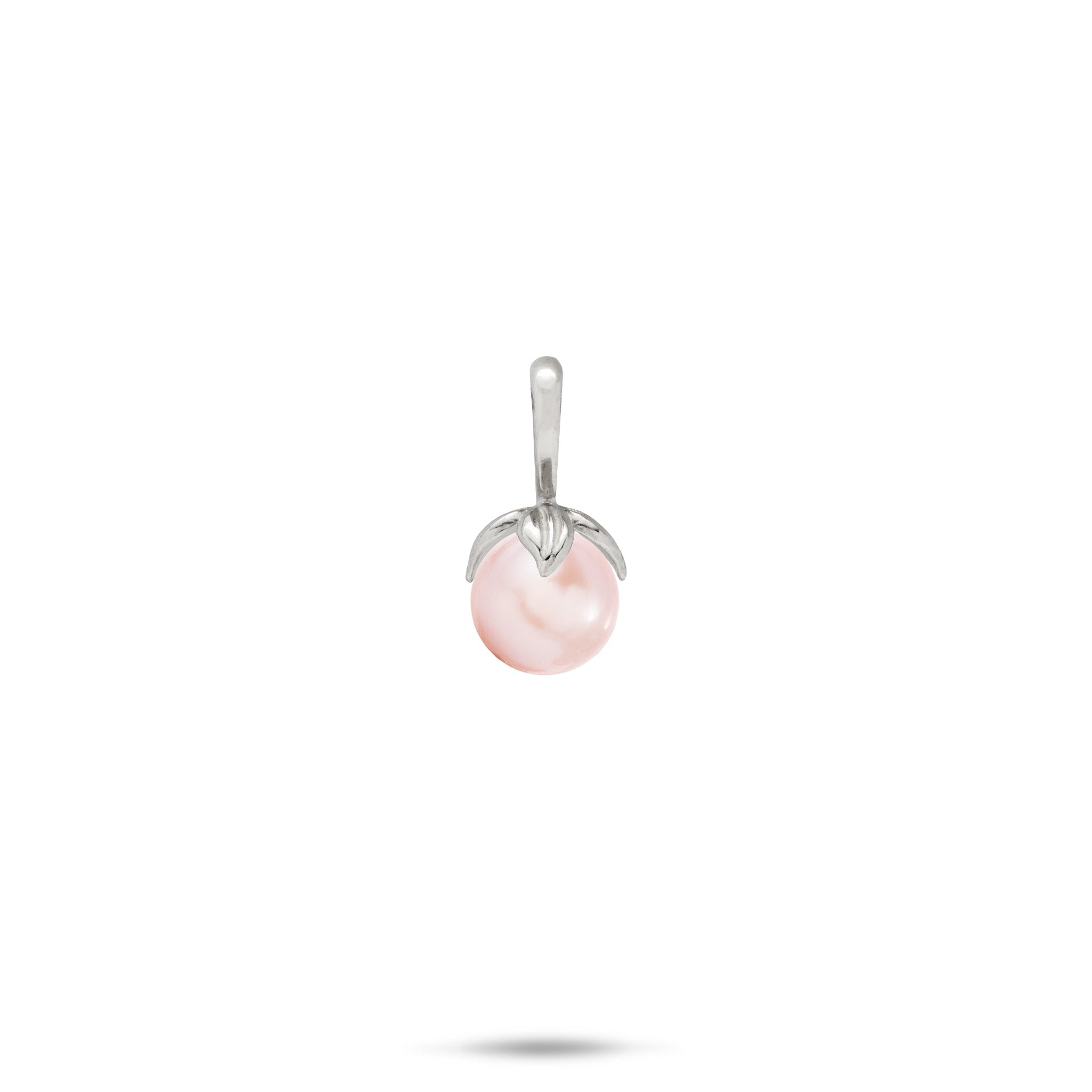 14k White Gold Pendant with a high-polish bail and maile leaves wrapping a pink freshwater pearl on a white background