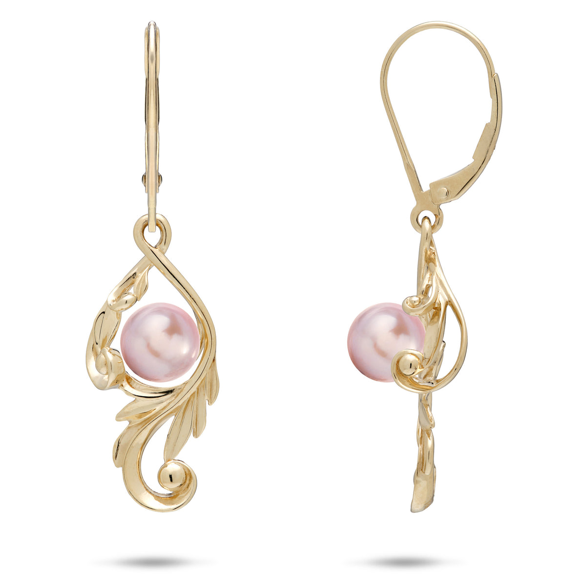 A pair of 14k yellow gold Living Heirloom Collection Earrings with a lavender freshwater pearl and intricate maile leaf and fern scrollwork around it, shown with a front and side view on a white background