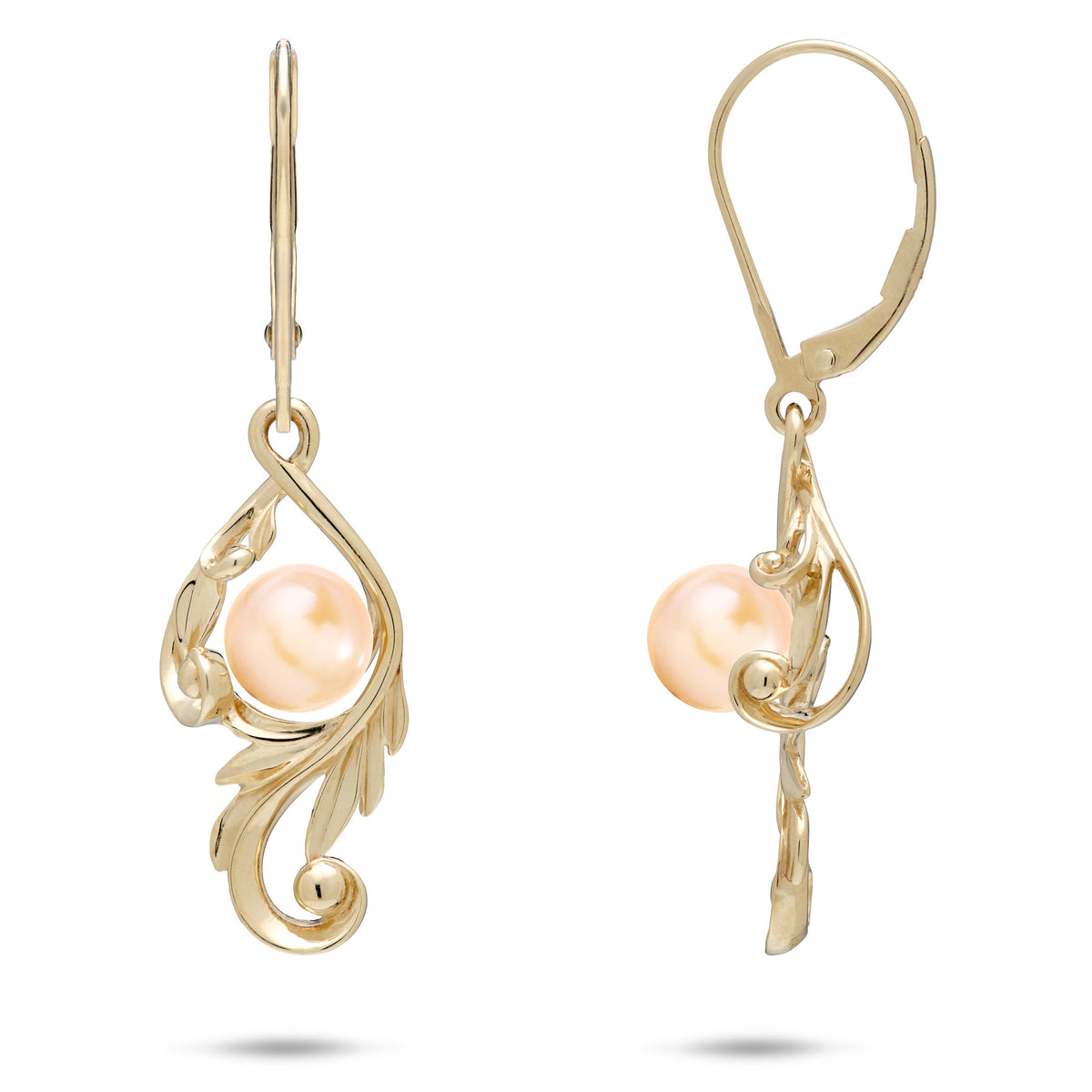 A pair of 14k yellow gold Living Heirloom Collection Earrings with a peach freshwater pearl and intricate maile leaf and fern scrollwork around it, shown with a front and side view on a white background