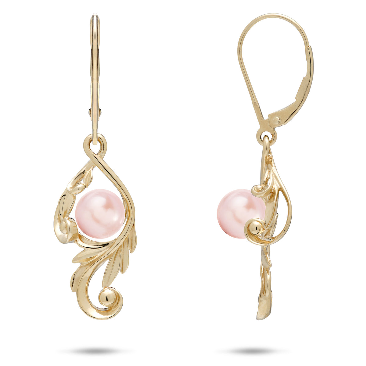 A pair of 14k yellow gold Living Heirloom Collection Earrings with a pink freshwater pearl and intricate maile leaf and fern scrollwork around it, shown with a front and side view on a white background