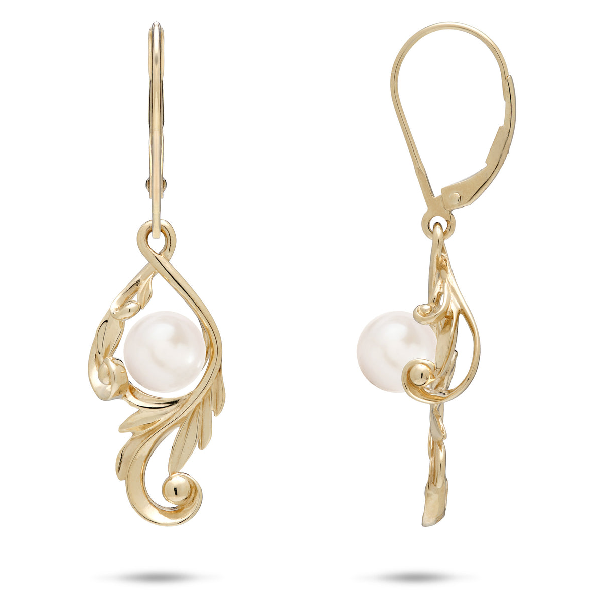 A pair of 14k yellow gold Living Heirloom Collection Earrings with a white freshwater pearl and intricate maile leaf and fern scrollwork around it, shown with a front and side view on a white background