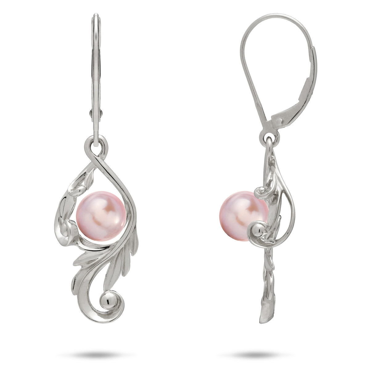 A pair of 14k white gold Living Heirloom Collection Earrings with a lavender freshwater pearl and intricate maile leaf and fern scrollwork around it, shown with a front and side view on a white background