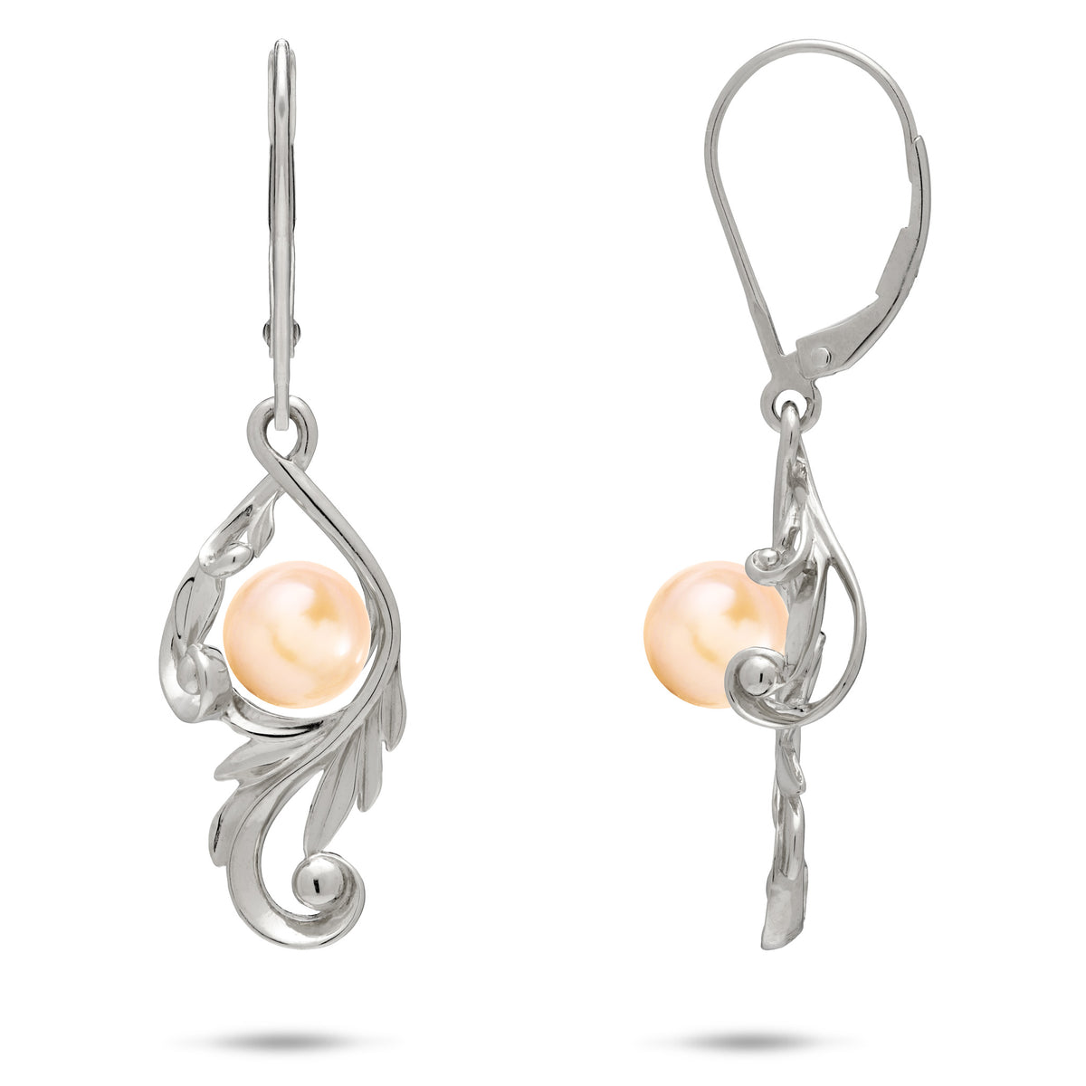 A pair of 14k white gold Living Heirloom Collection Earrings with a peach freshwater pearl and intricate maile leaf and fern scrollwork around it, shown with a front and side view on a white background