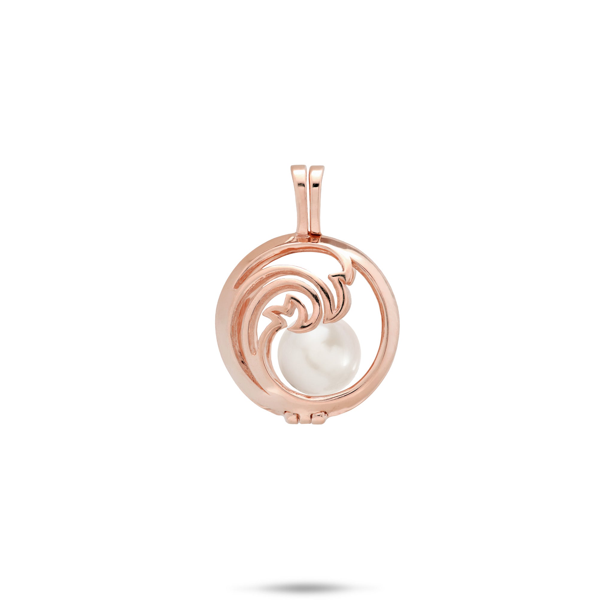 Pick A Pearl Nalu Cage Pendant in 14k Rose Gold with a White Freshwater Pearl on a white background