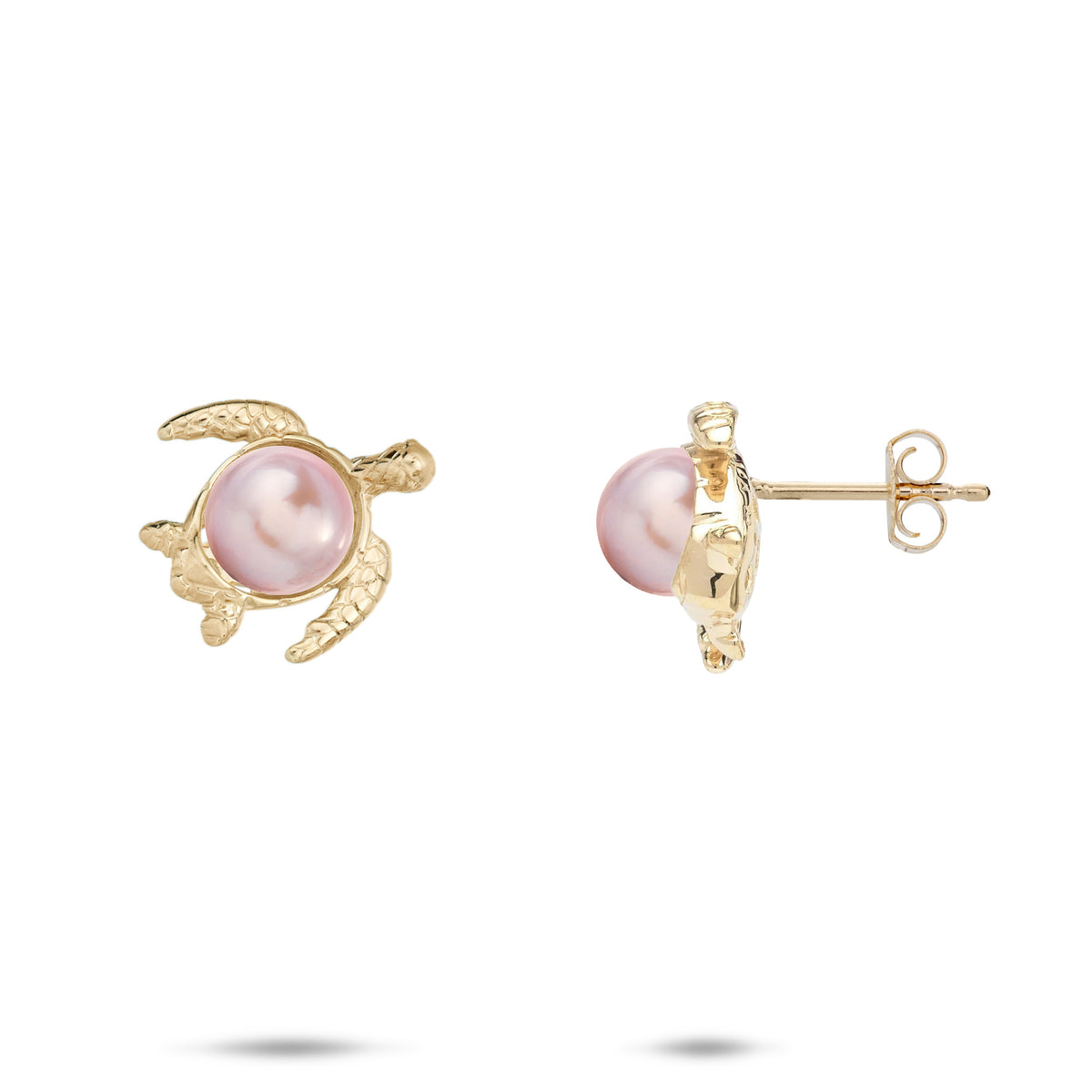 13mm Pick A Pearl Honu Earrings in 14k yellow Gold with Lavender Pearls on a white background