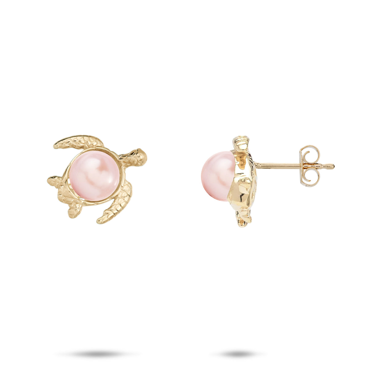 13mm Pick A Pearl Honu Earrings in 14k yellow Gold with Pink Pearls on a white background