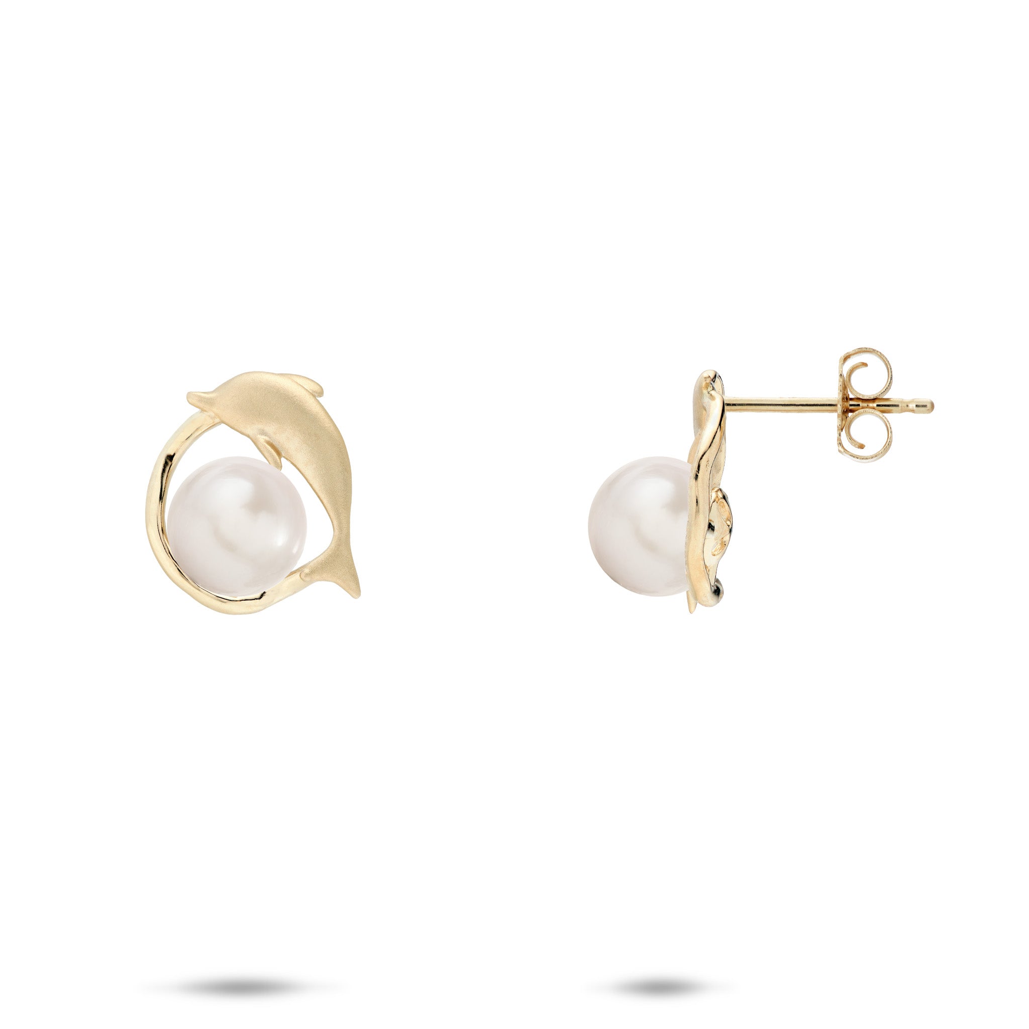 12mm Pick A Pearl Bubble Dolphin Earrings in 14k Yellow Gold with White Pearls on a white background