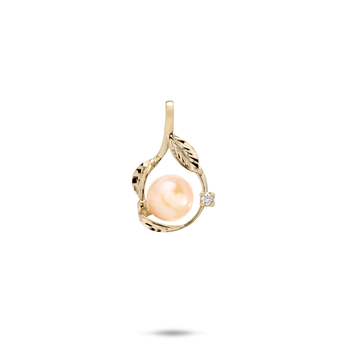 20mm Pick A Pearl Maile Pendant in 14k Yellow Gold with Diamond with a Peach Pearl on a white background