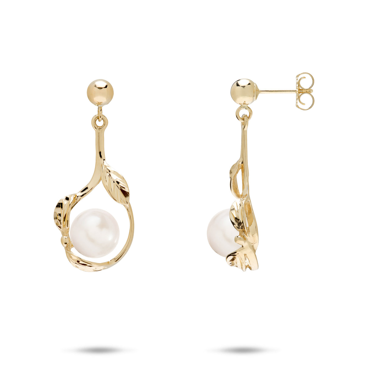 23mm Pick A Pearl Maile Earrings in 14k yellow Gold with White Pearls on a white background