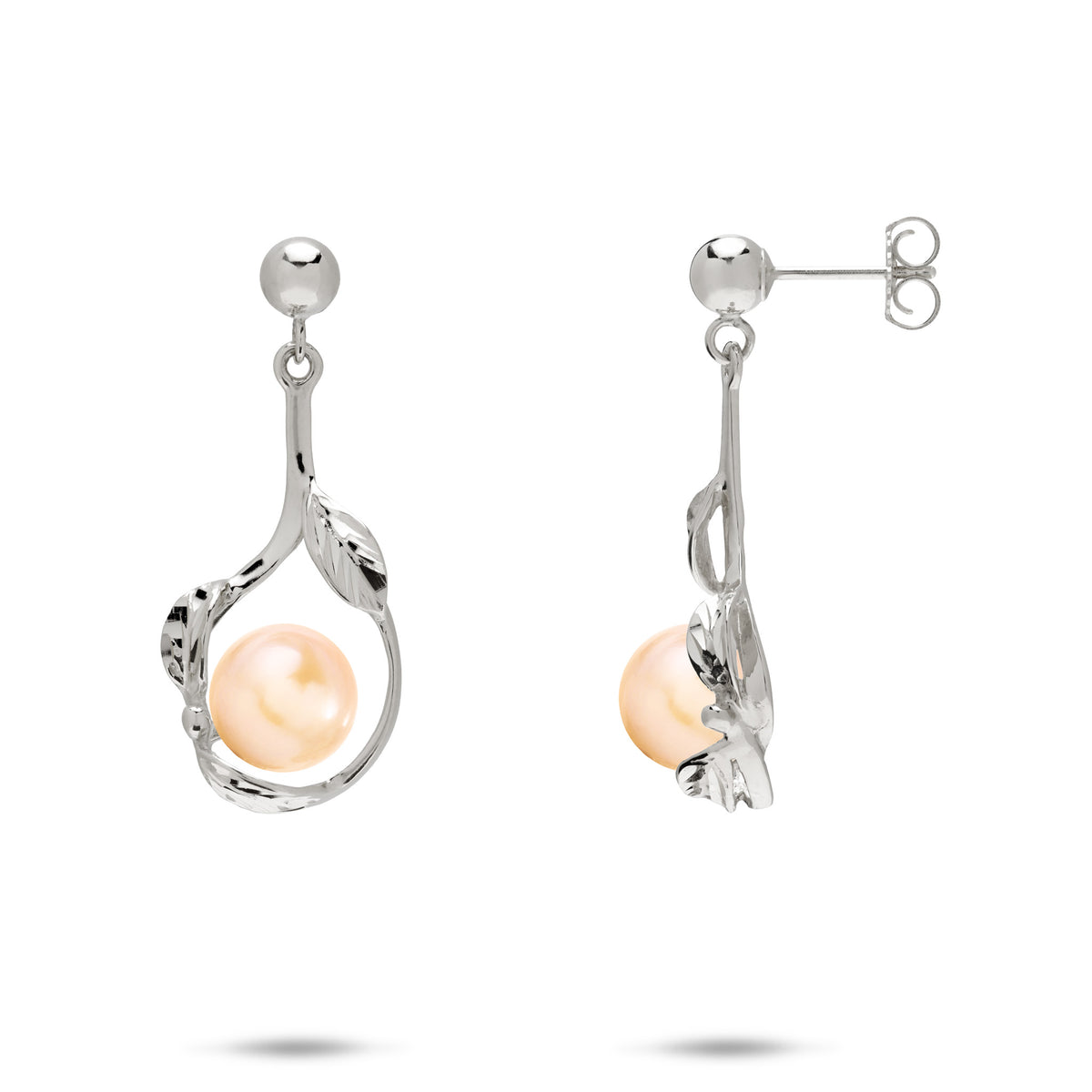 23mm Pick A Pearl Maile Earrings in 14k White Gold with Peach Pearls on a white background