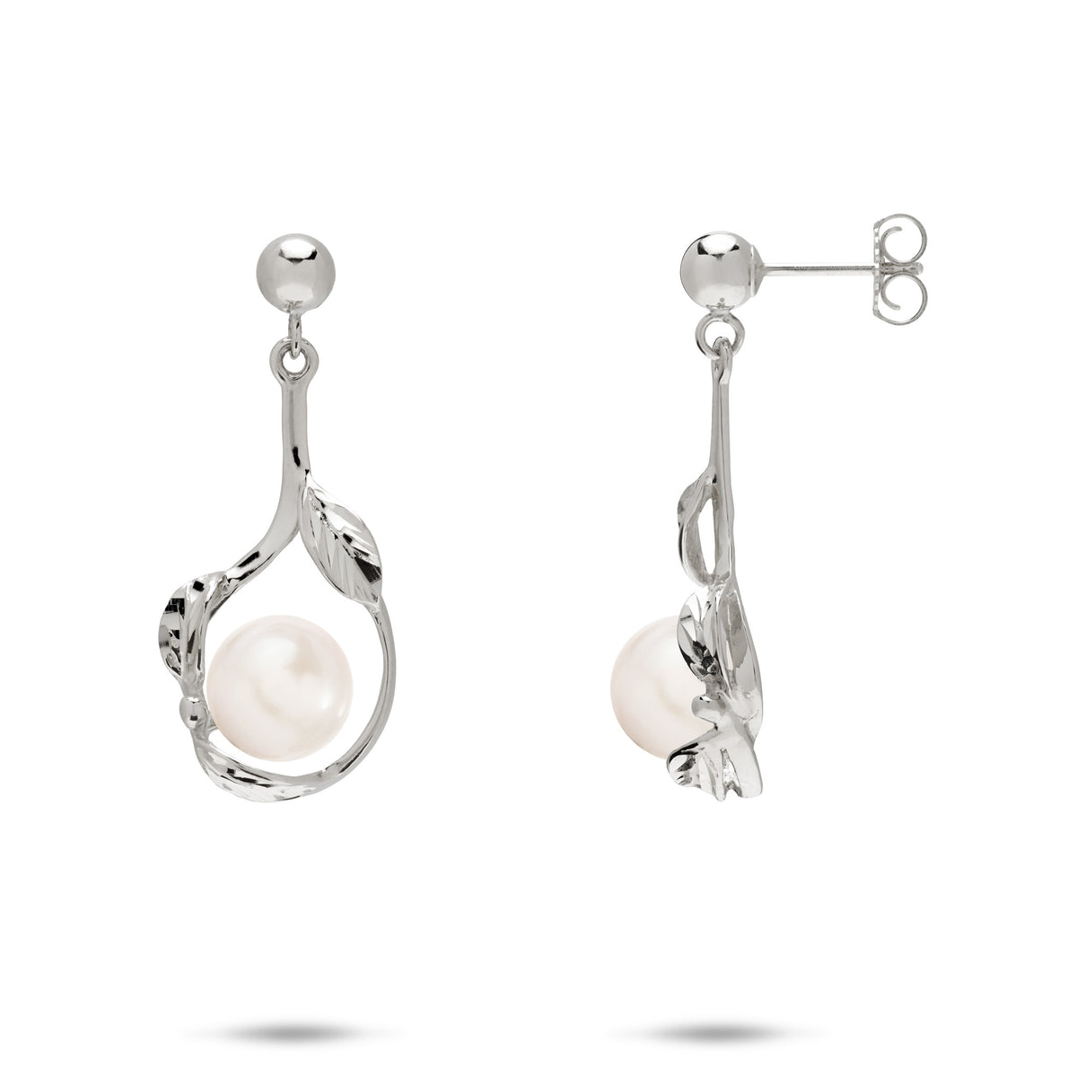 23mm Pick A Pearl Maile Earrings in 14k White Gold with White Pearls on a white background