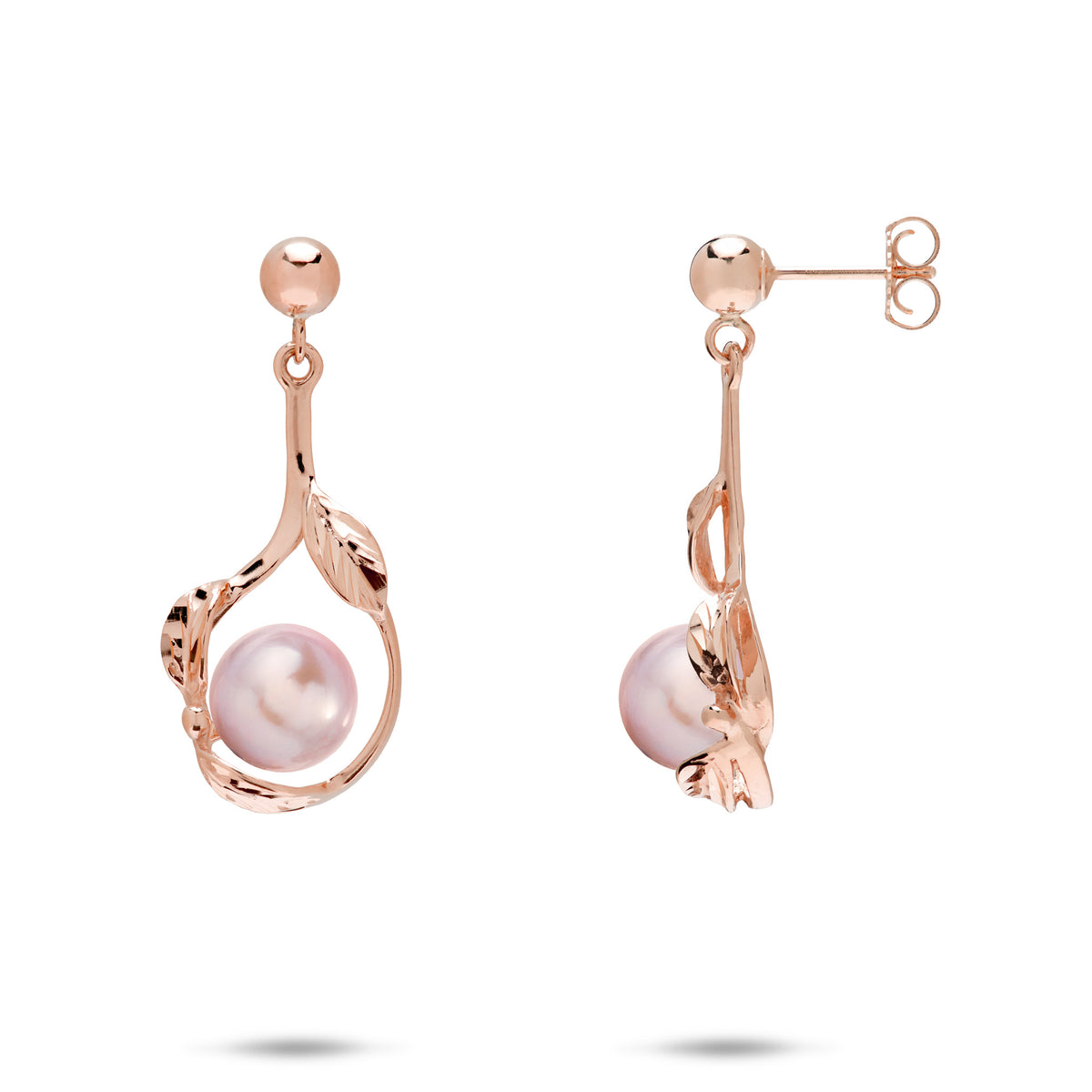 23mm Pick A Pearl Maile Earrings in 14k Rose Gold with Lavender Pearls on a white background