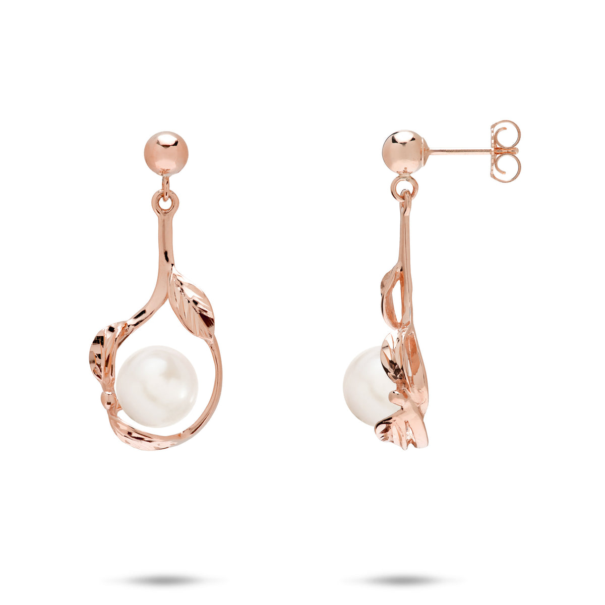 23mm Pick A Pearl Maile Earrings in 14k Rose Gold with White Pearls on a white background