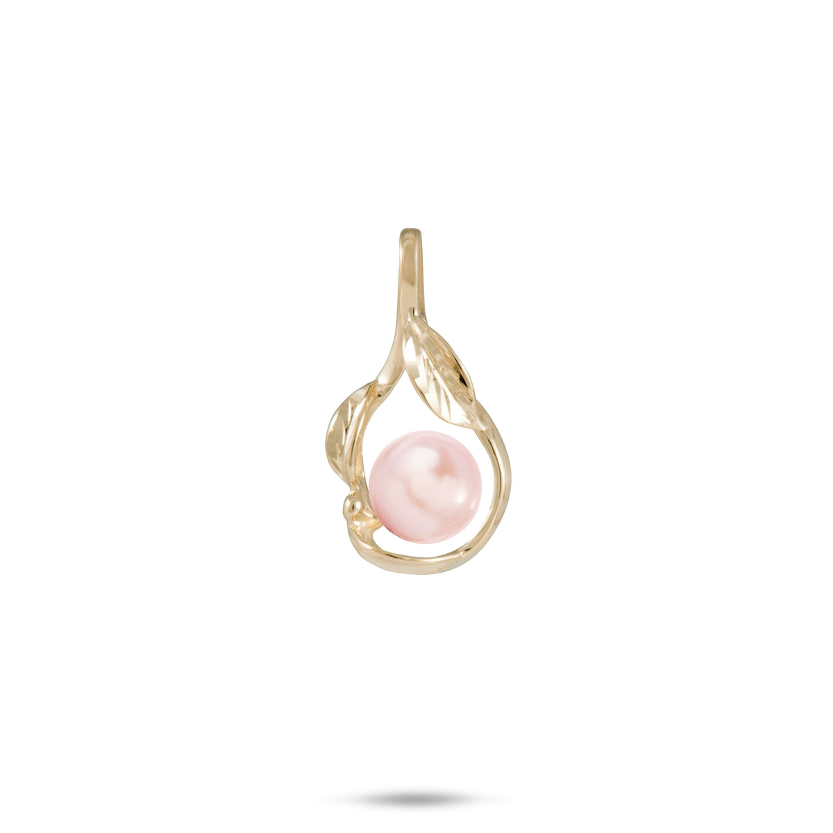 21mm Pick A Pearl Maile Pendant in Gold with a Pink Pearl on a white background