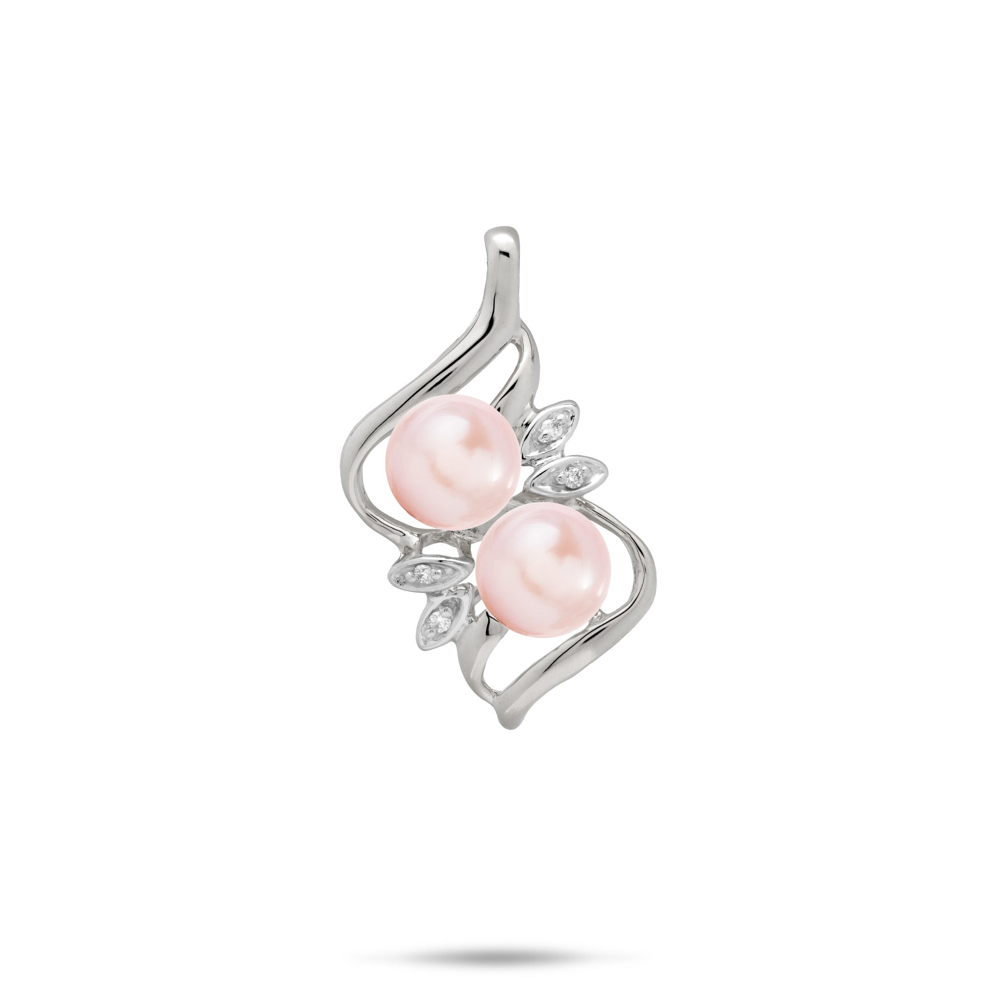 A 14k white gold pendant featuring two pink freshwater pearls and diamonds in maile leaf style settings, set against a plain white background