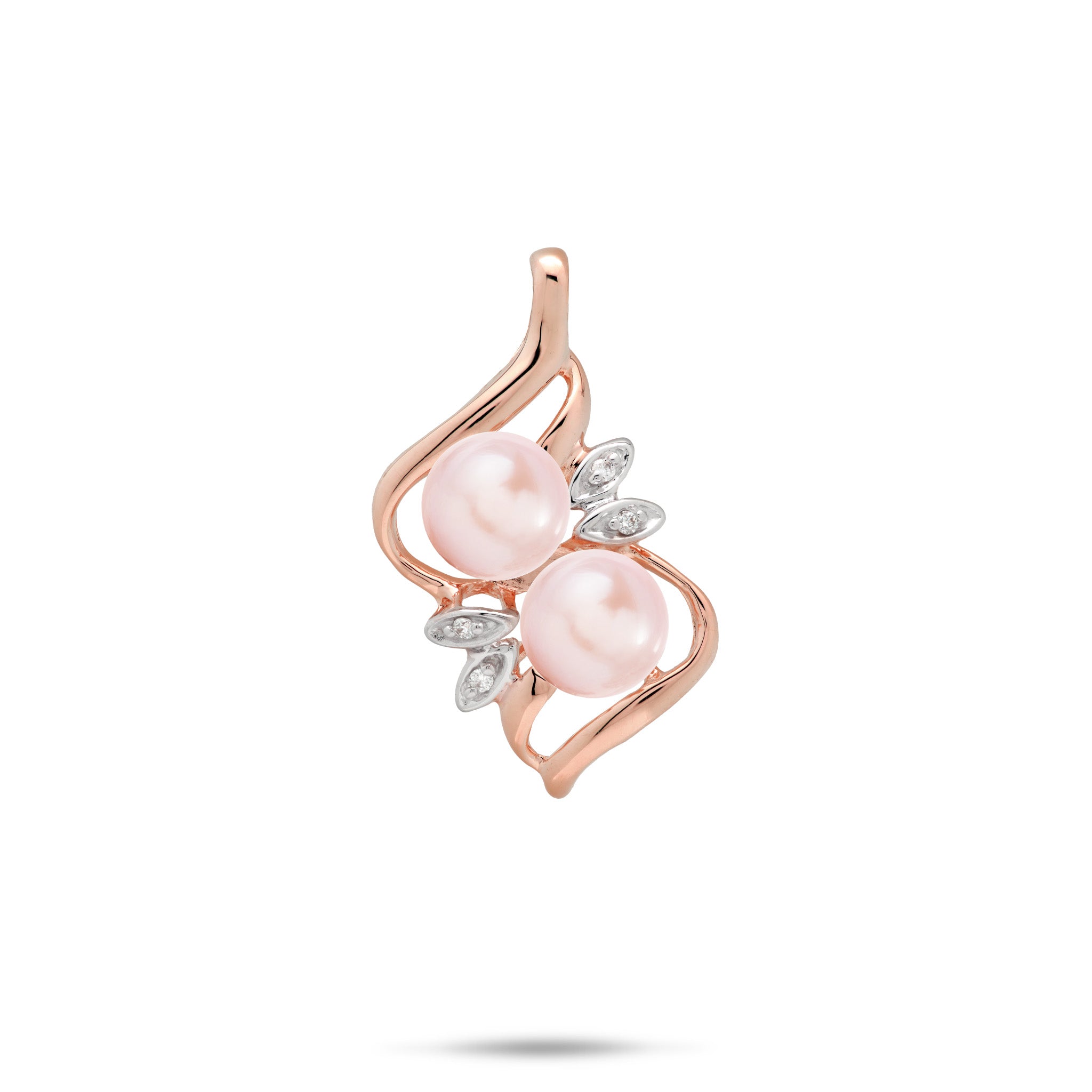 A 14k rose gold pendant featuring two pink freshwater pearls and diamonds in maile leaf style settings, set against a plain white background