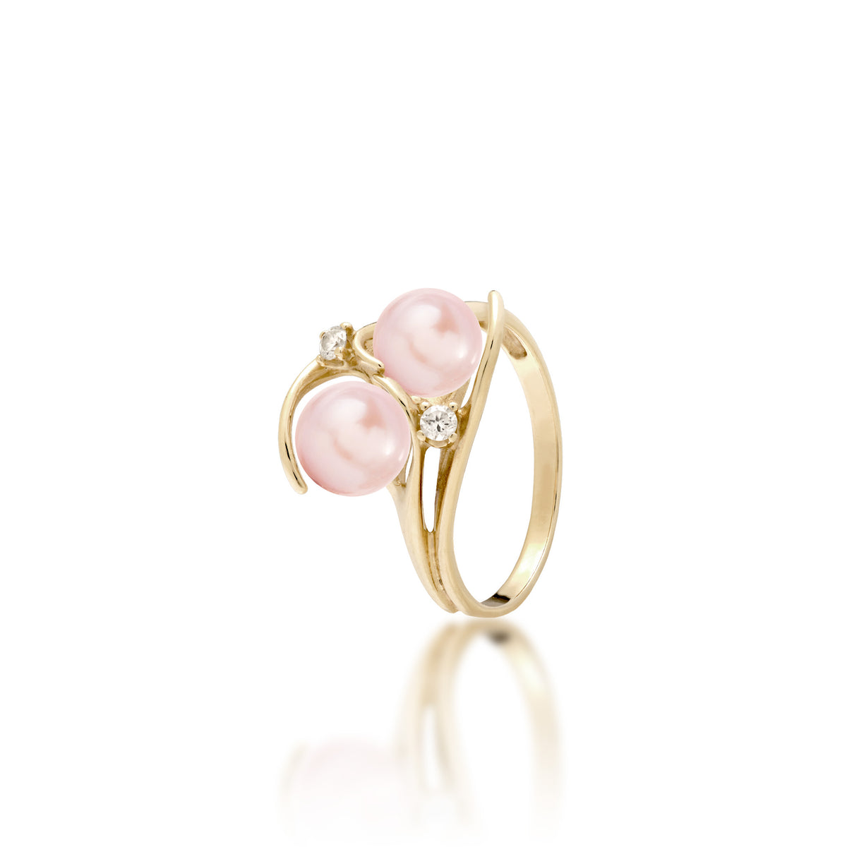 Pick A Pearl Ring in 14k yellow Gold with Diamonds and Double Pink Pearls on a white background
