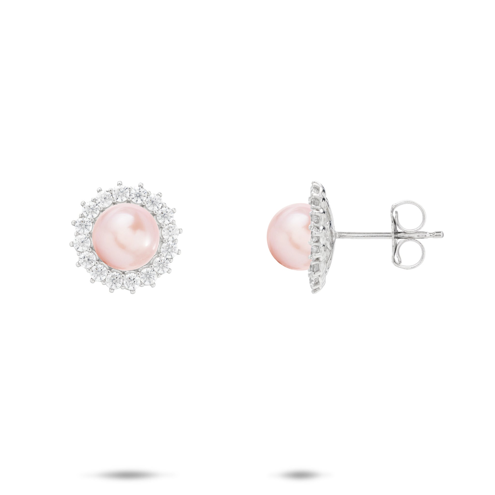 Cubic Zirconia Halo Lavender Freshwater Pearl Stud Earrings in Sterling Silver on a white background