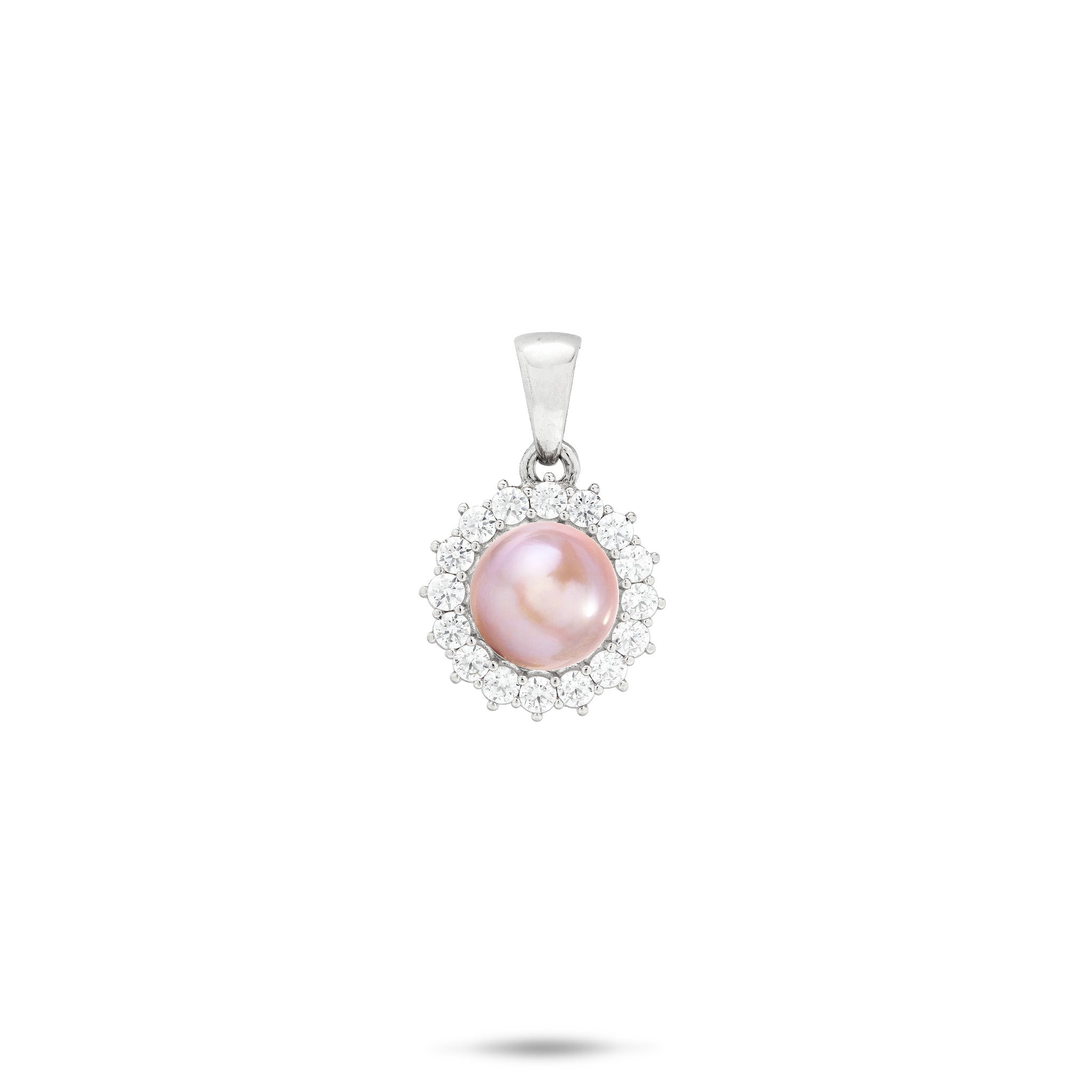 Cubic Zirconia Halo Pink Freshwater Pearl Pendant in Sterling Silver with High-polish bail on a white background