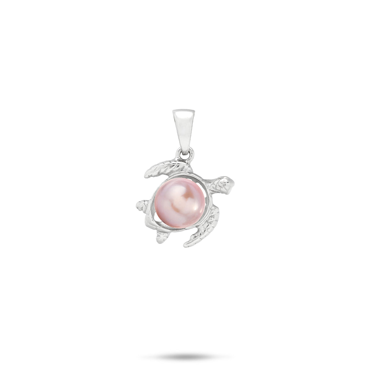 12mm Pick A Pearl Honu Pendant in Sterling Silver with a Lavender Freshwater Pearl placed on the back to replicate a turtle shell, centered on a white background.