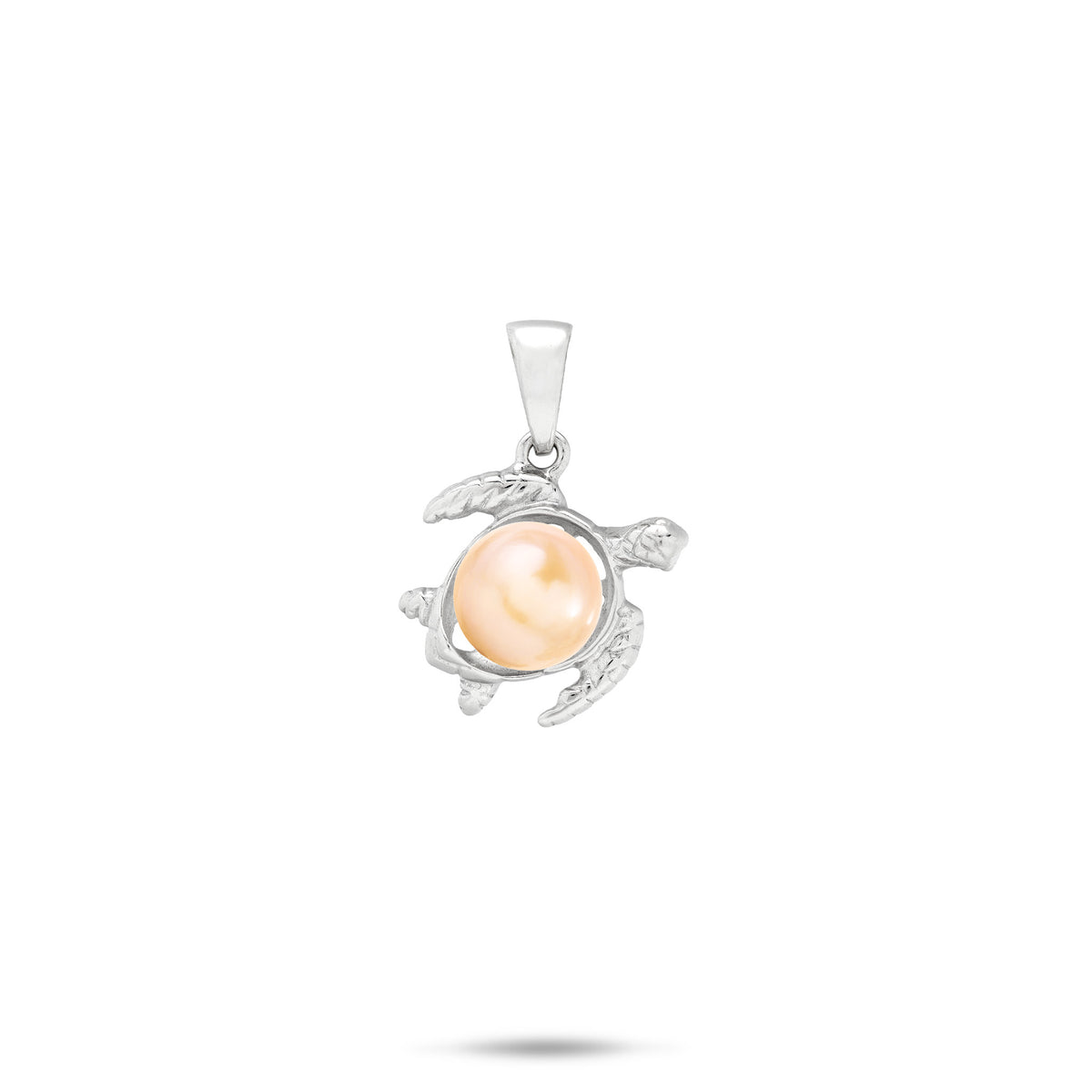 12mm Pick A Pearl Honu Pendant in Sterling Silver with a Peach Freshwater Pearl placed on the back to replicate a turtle shell, centered on a white background