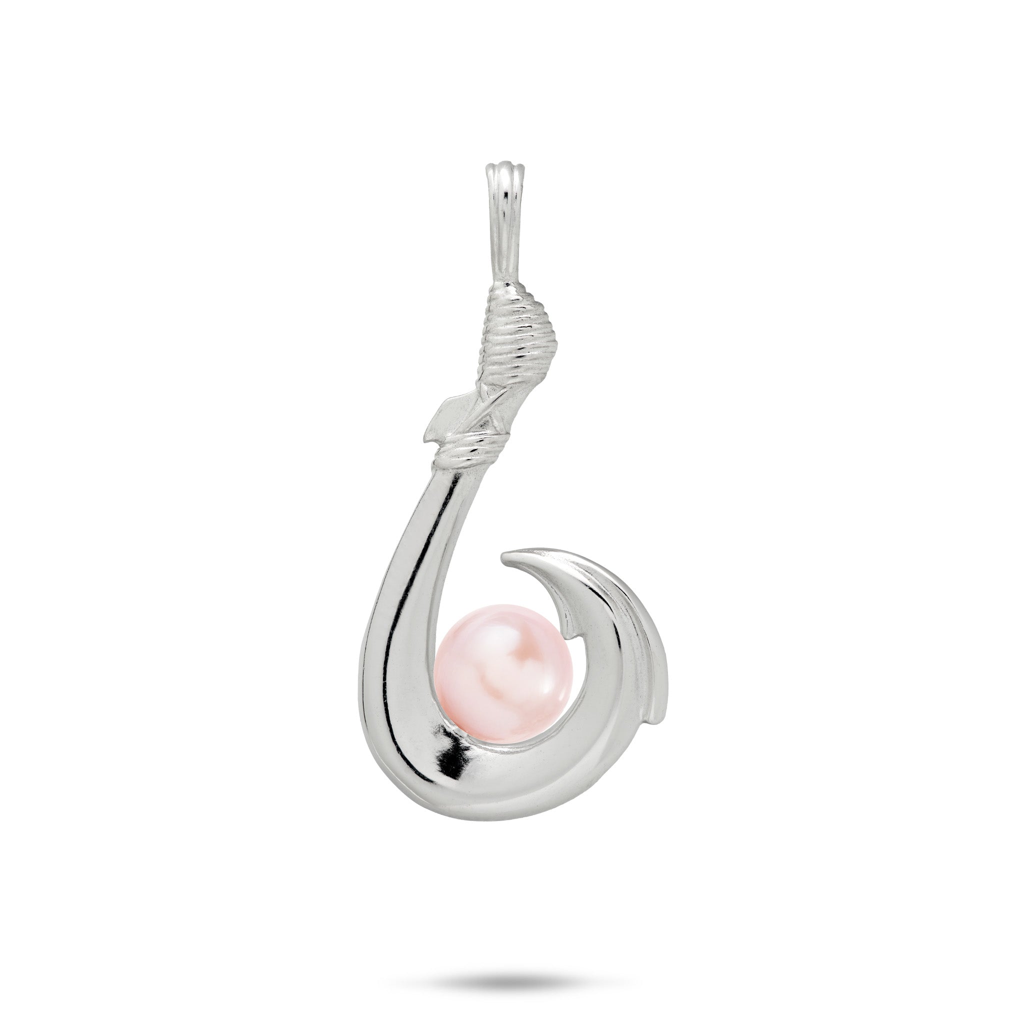 27mm Pick A Pearl Fish Hook Pendant in Sterling Silver with a Pink Pearl on a white background